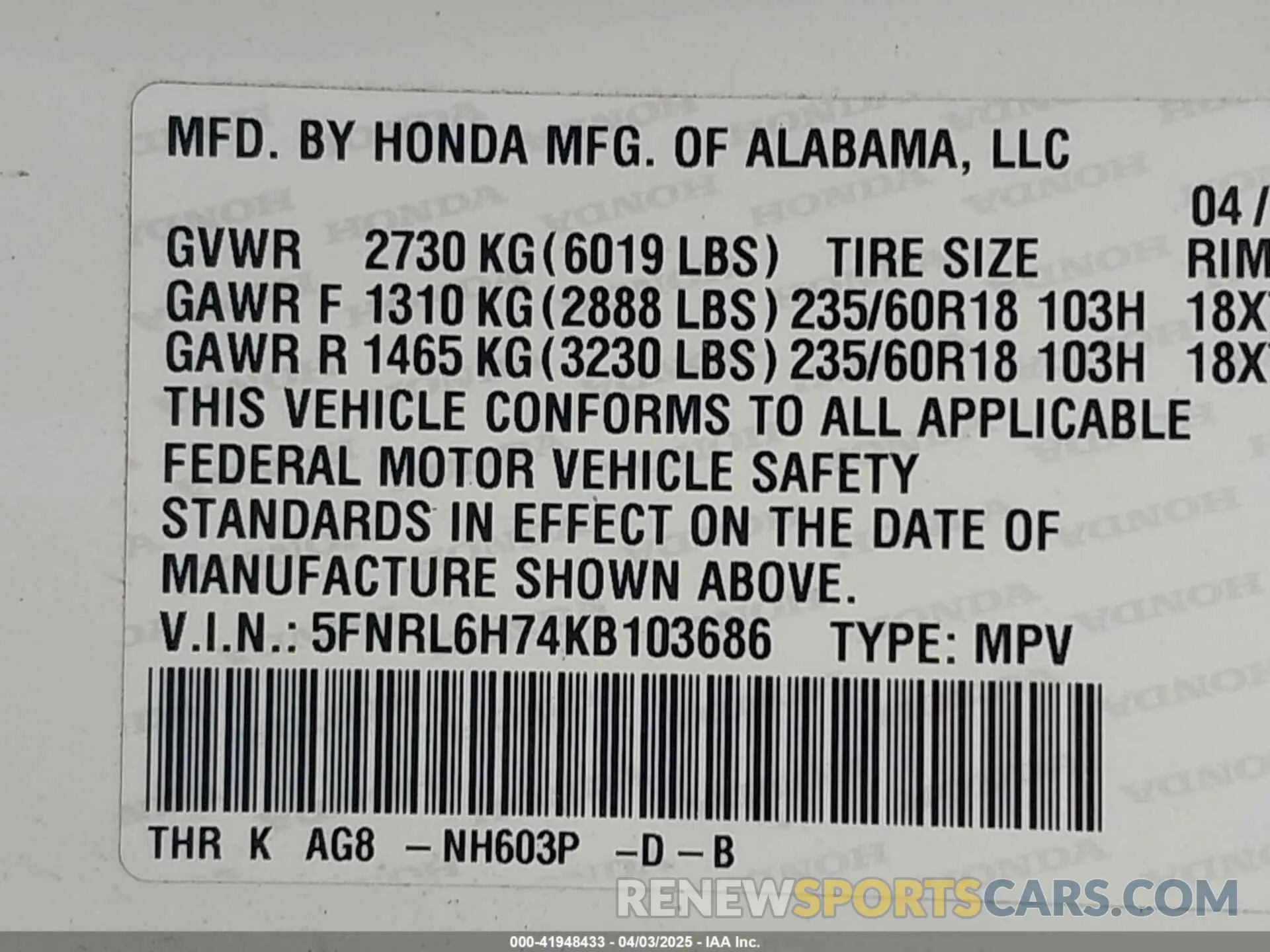 9 Photograph of a damaged car 5FNRL6H74KB103686 HONDA ODYSSEY 2019
