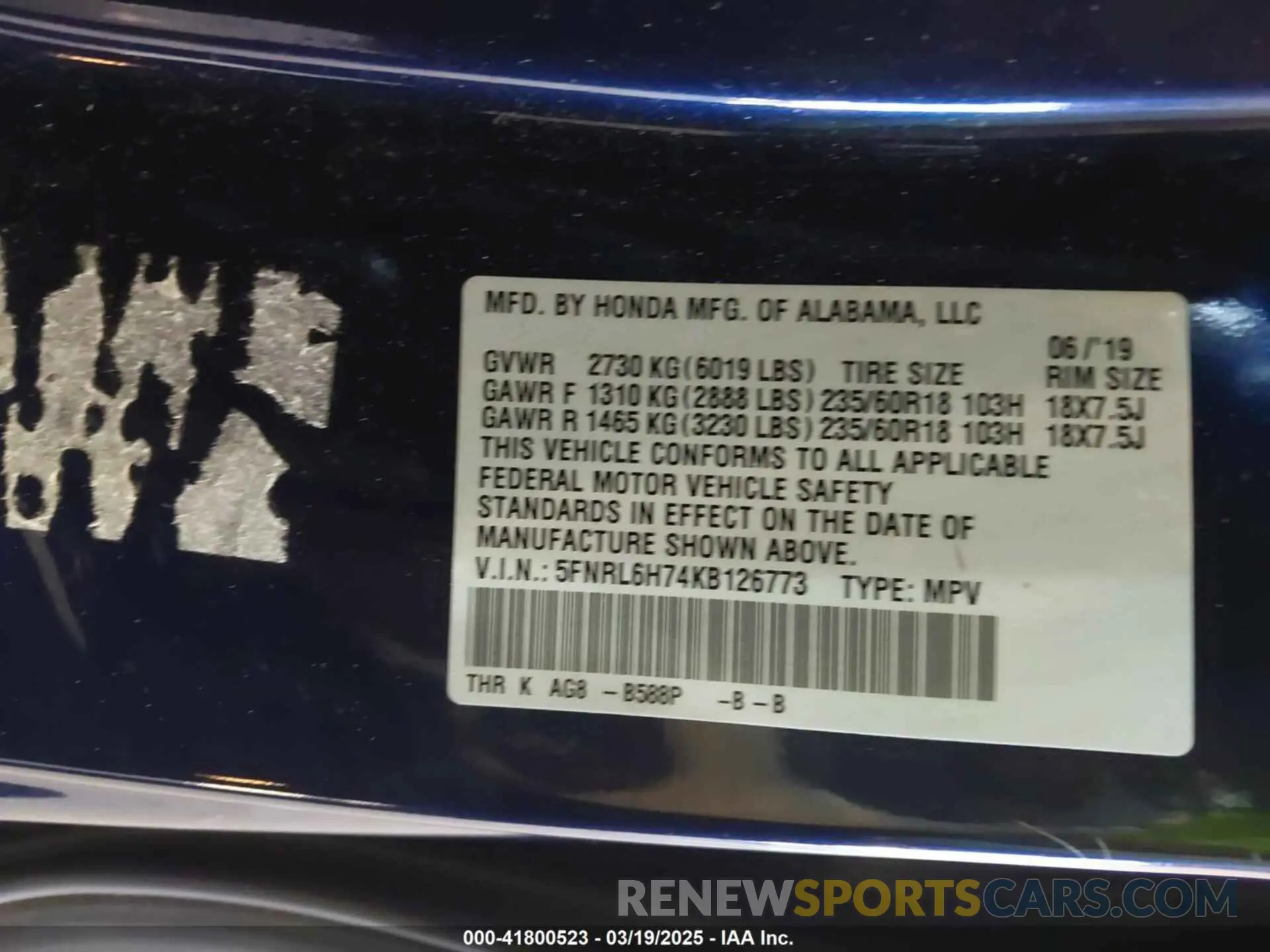 9 Photograph of a damaged car 5FNRL6H74KB126773 HONDA ODYSSEY 2019