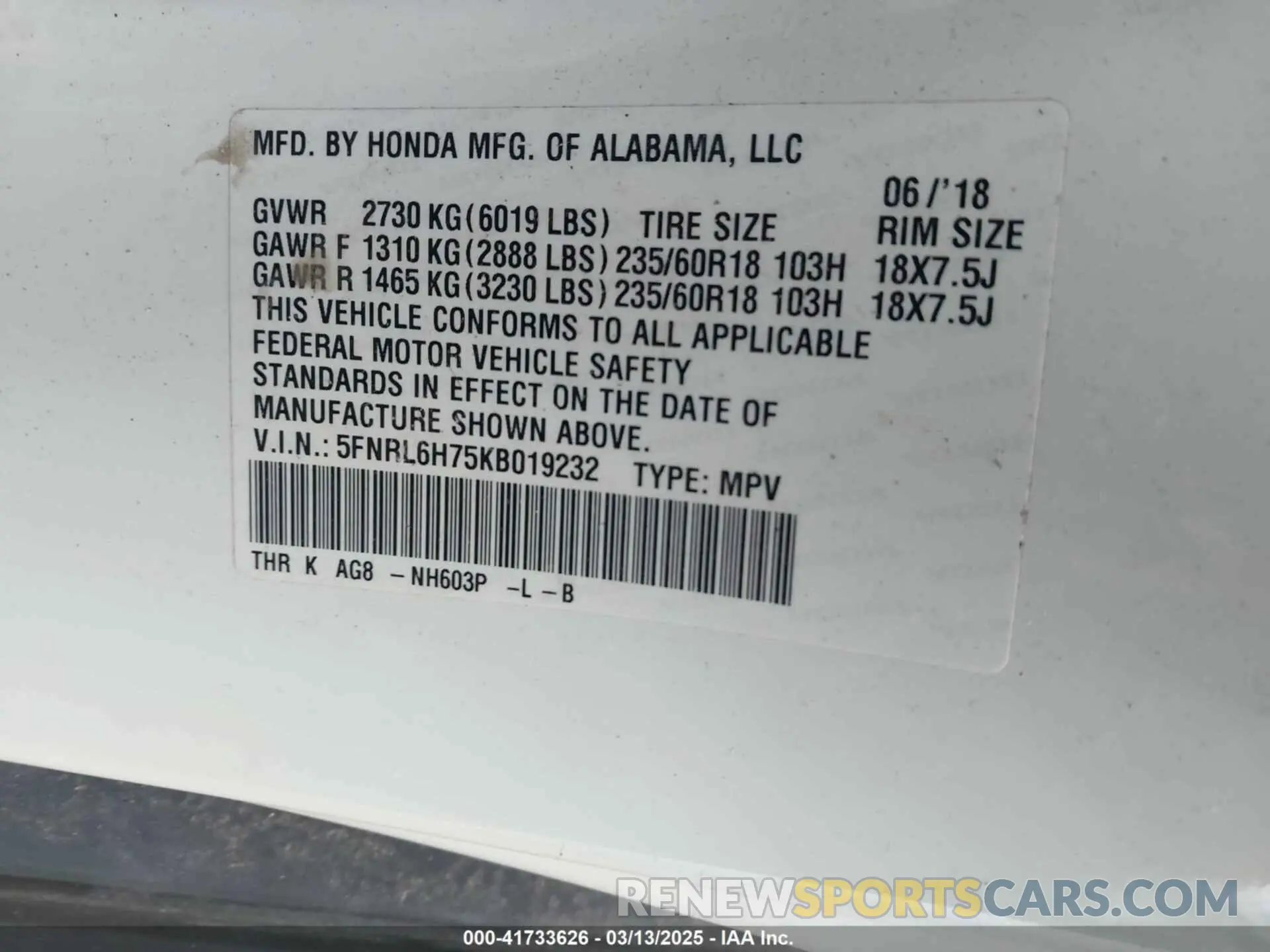 9 Photograph of a damaged car 5FNRL6H75KB019232 HONDA ODYSSEY 2019