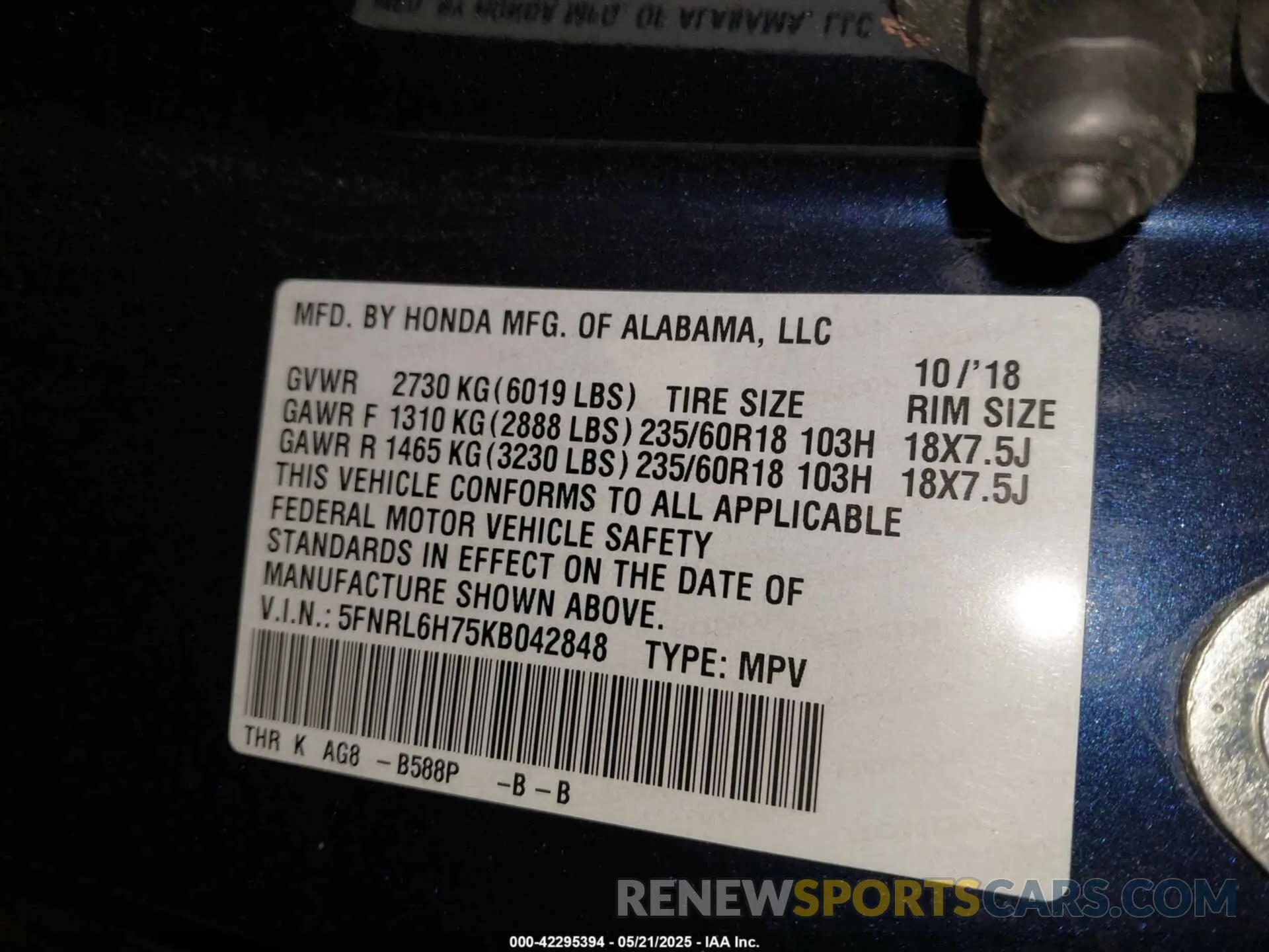 9 Photograph of a damaged car 5FNRL6H75KB042848 HONDA ODYSSEY 2019