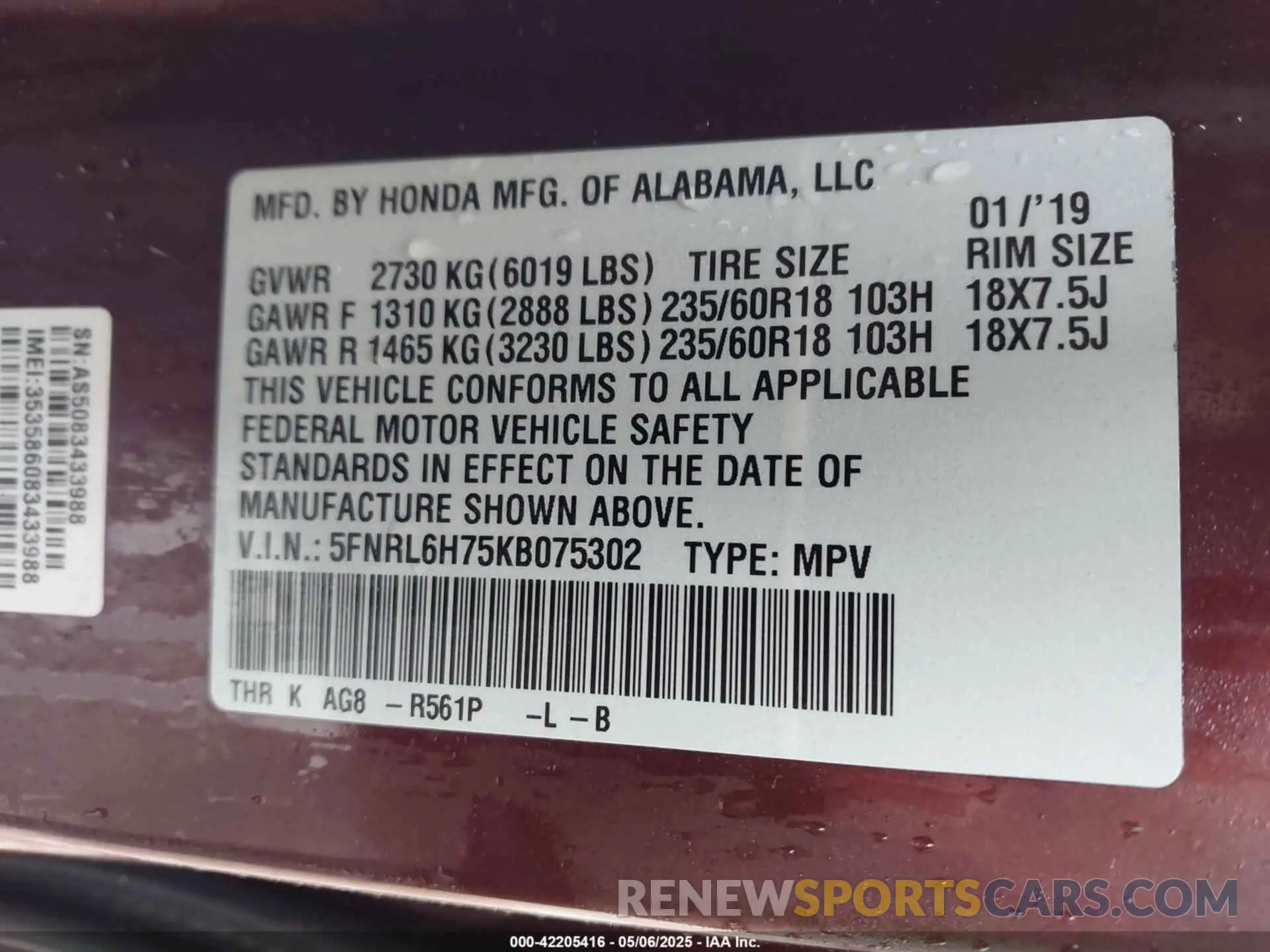 9 Photograph of a damaged car 5FNRL6H75KB075302 HONDA ODYSSEY 2019