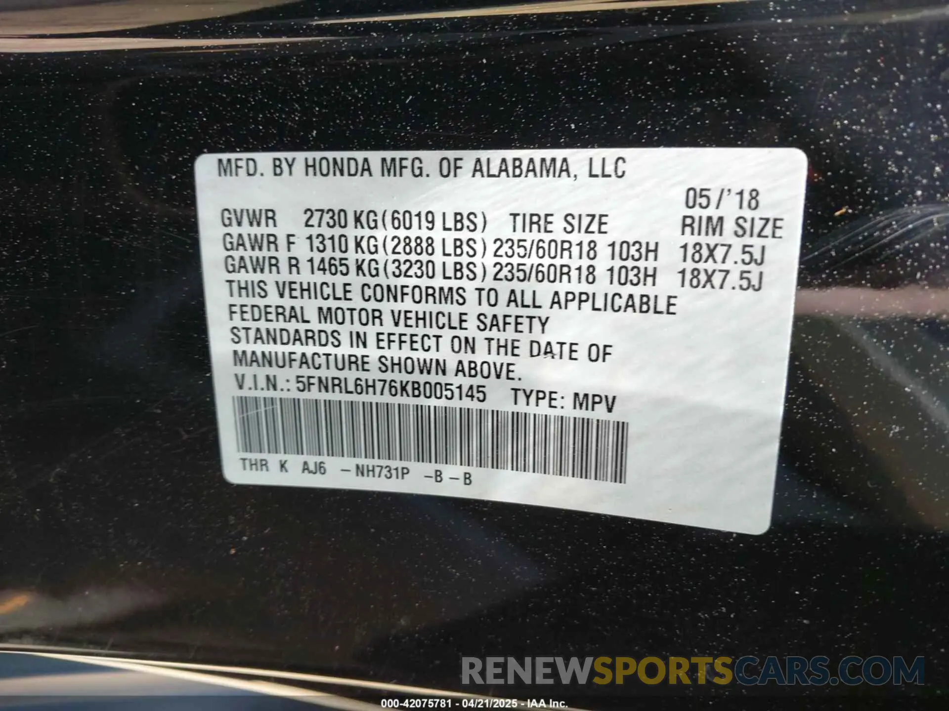 9 Photograph of a damaged car 5FNRL6H76KB005145 HONDA ODYSSEY 2019