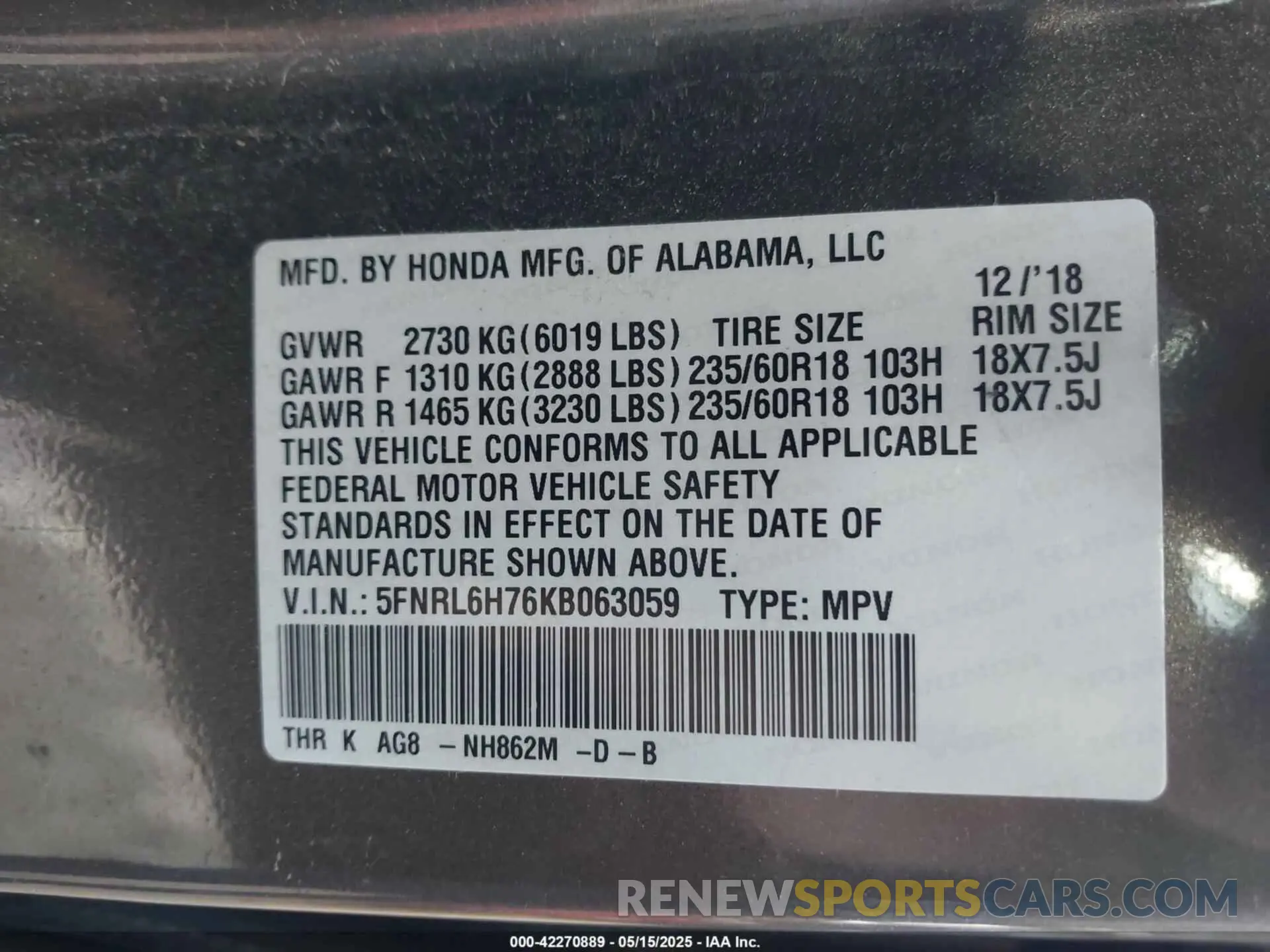 9 Photograph of a damaged car 5FNRL6H76KB063059 HONDA ODYSSEY 2019