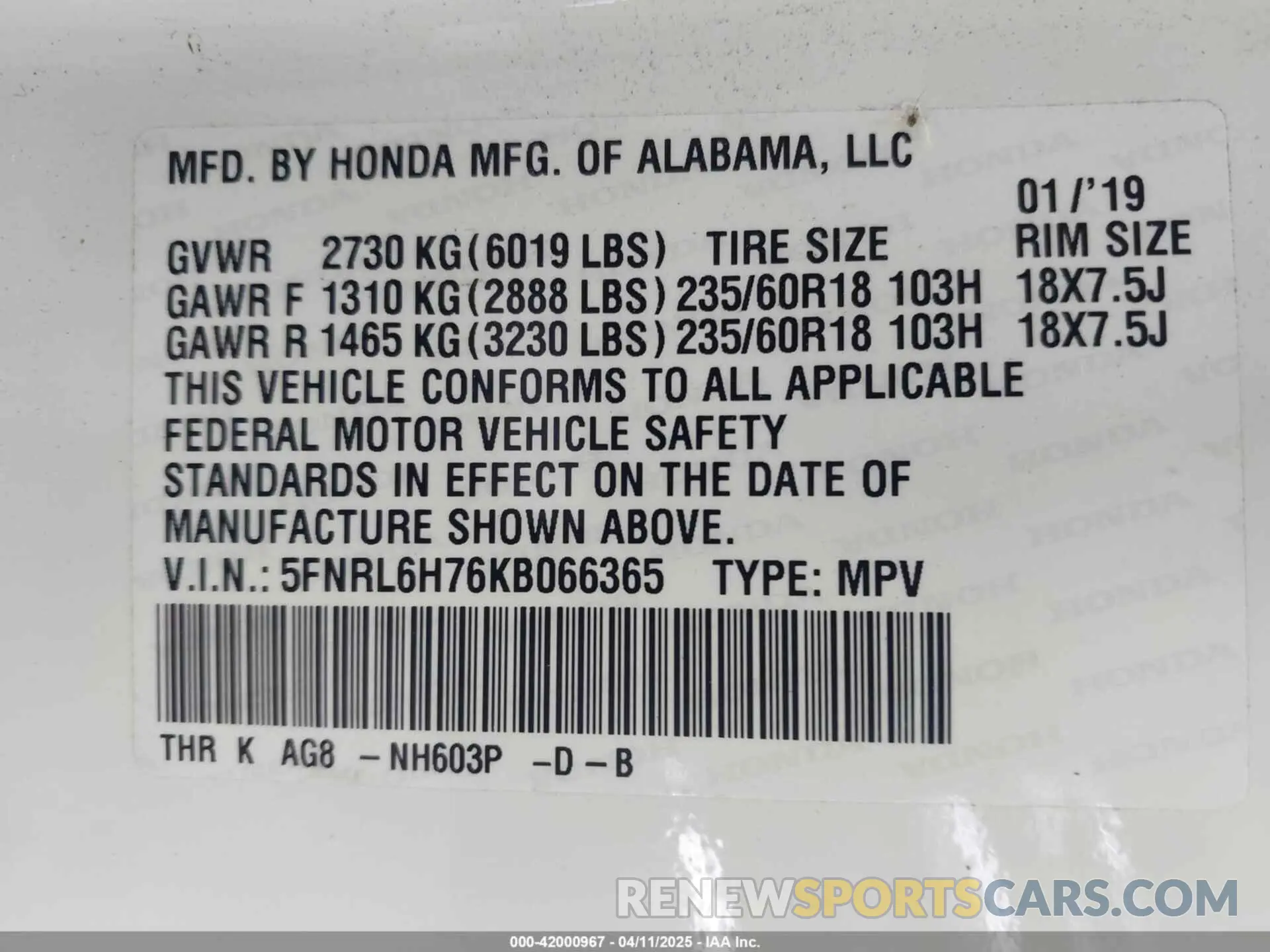 9 Photograph of a damaged car 5FNRL6H76KB066365 HONDA ODYSSEY 2019
