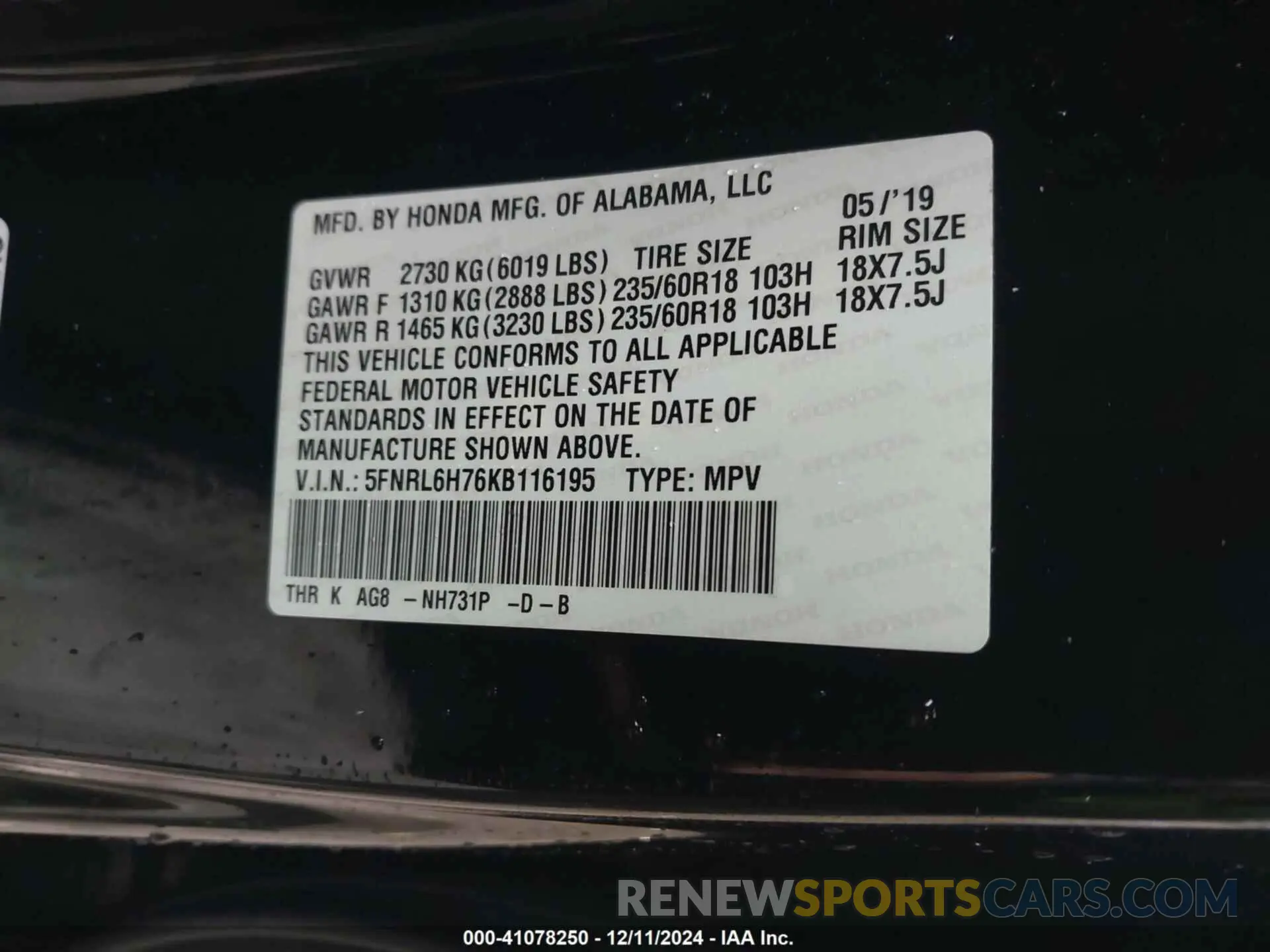 9 Photograph of a damaged car 5FNRL6H76KB116195 HONDA ODYSSEY 2019