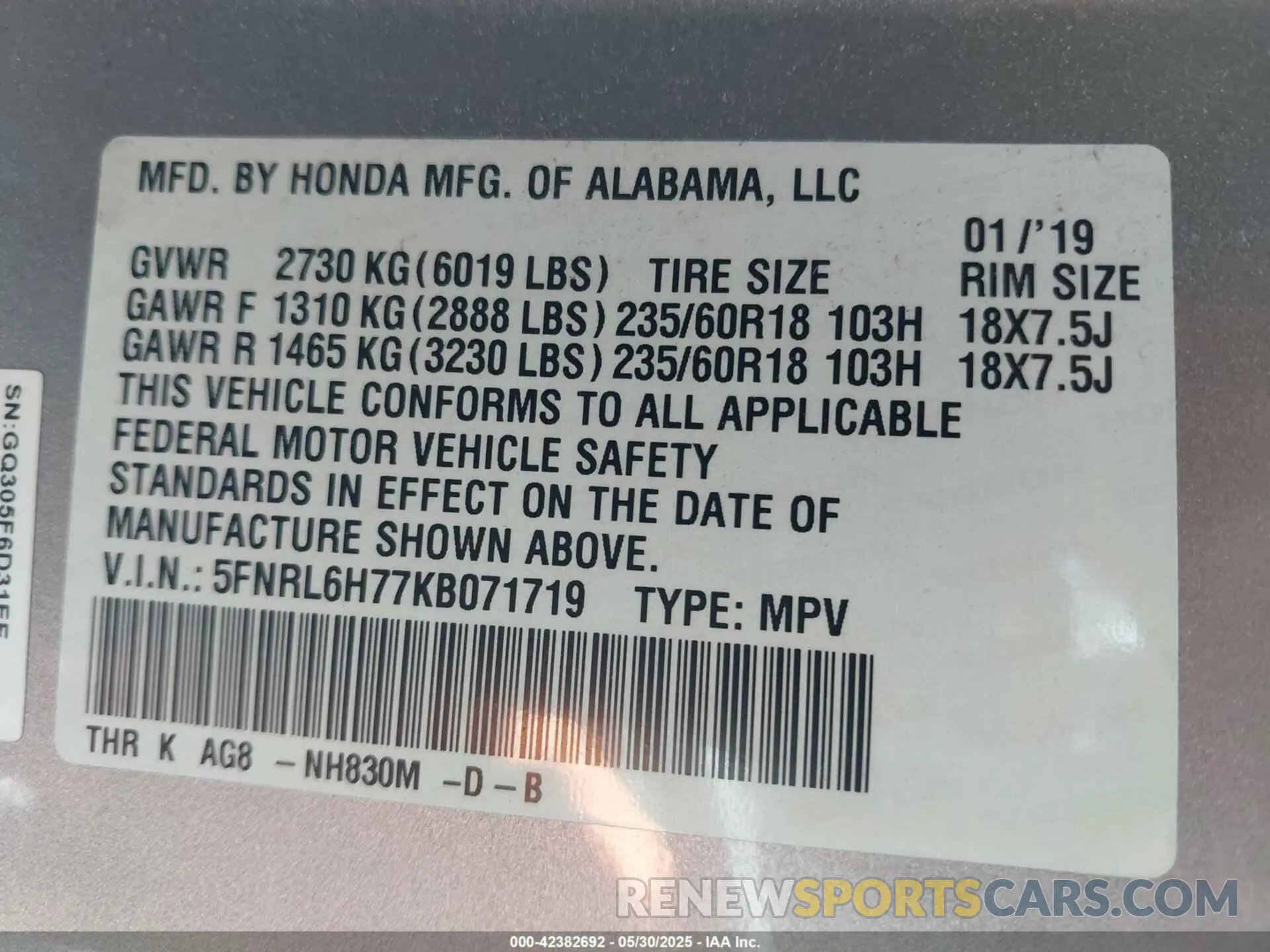 9 Photograph of a damaged car 5FNRL6H77KB071719 HONDA ODYSSEY 2019