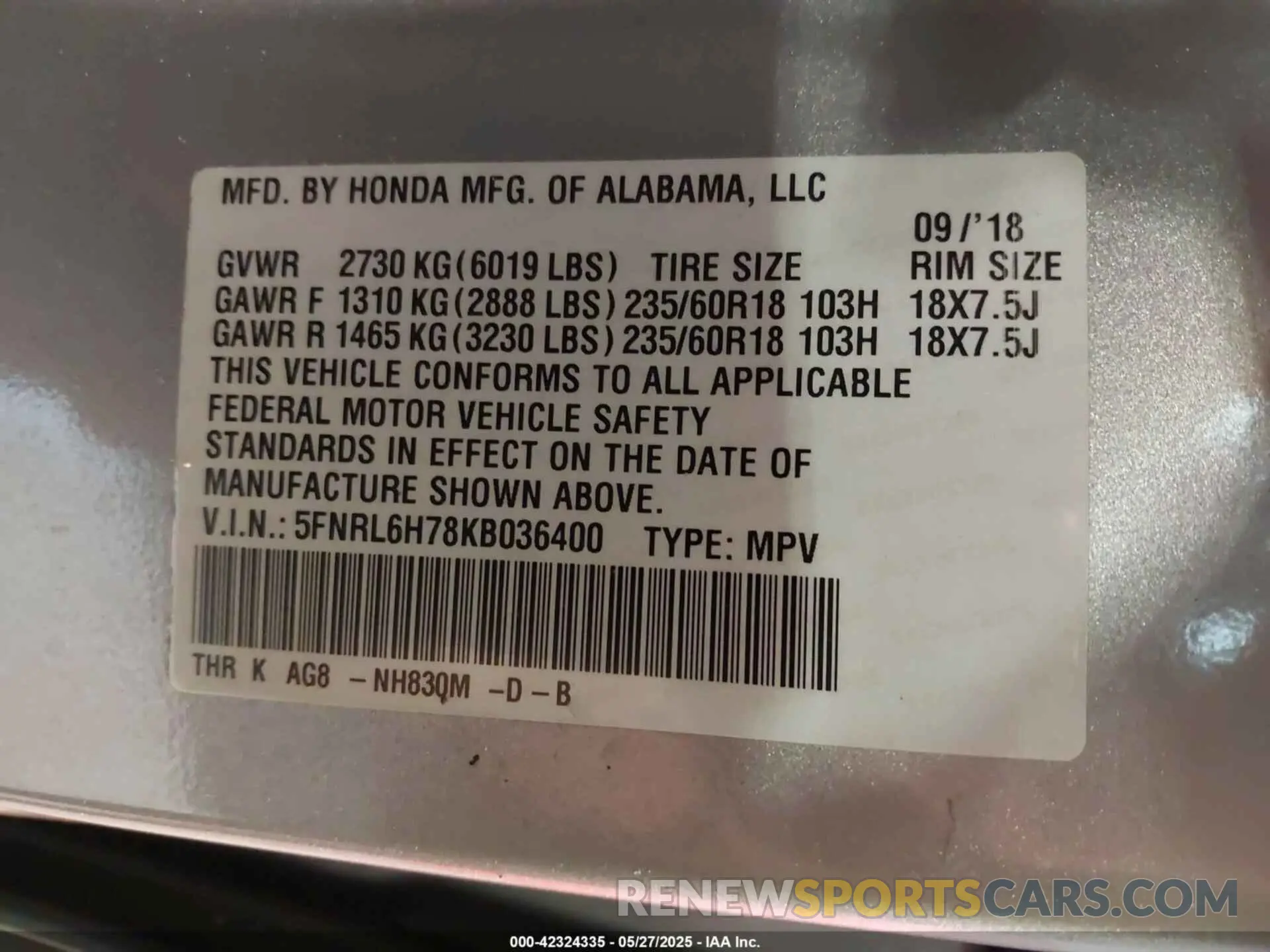 9 Photograph of a damaged car 5FNRL6H78KB036400 HONDA ODYSSEY 2019