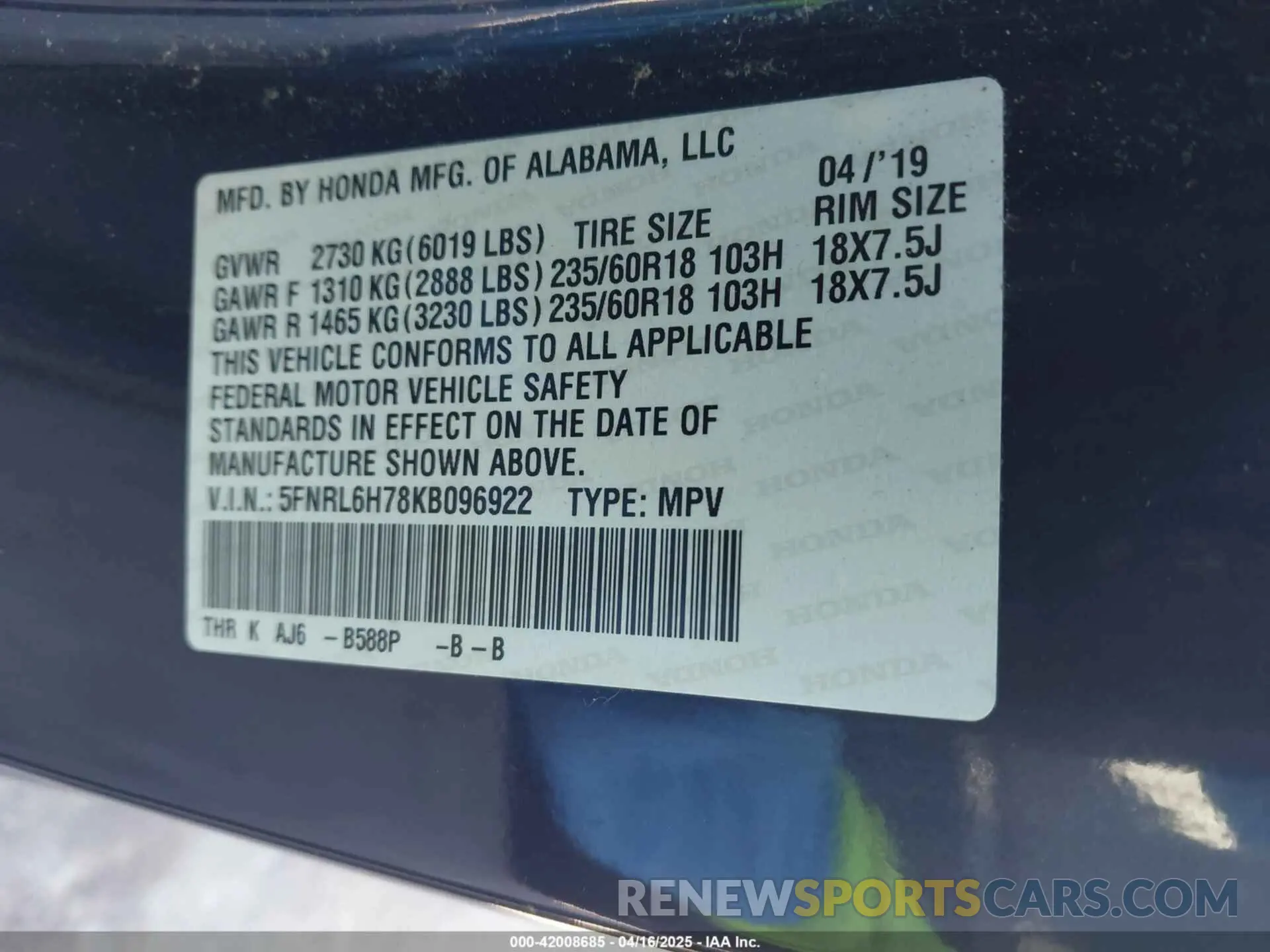 9 Photograph of a damaged car 5FNRL6H78KB096922 HONDA ODYSSEY 2019