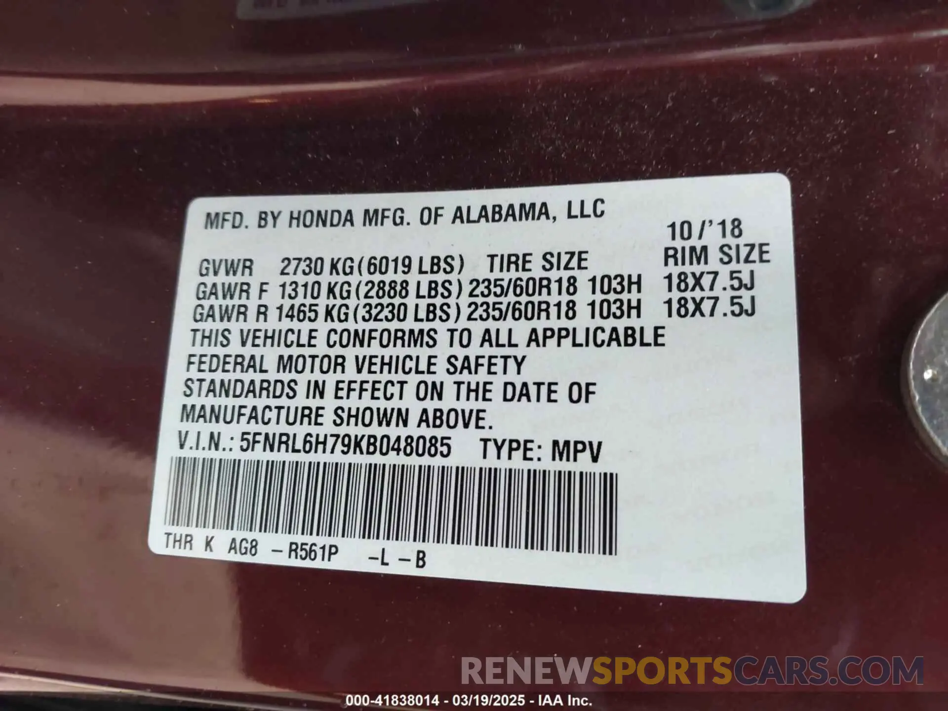 9 Photograph of a damaged car 5FNRL6H79KB048085 HONDA ODYSSEY 2019