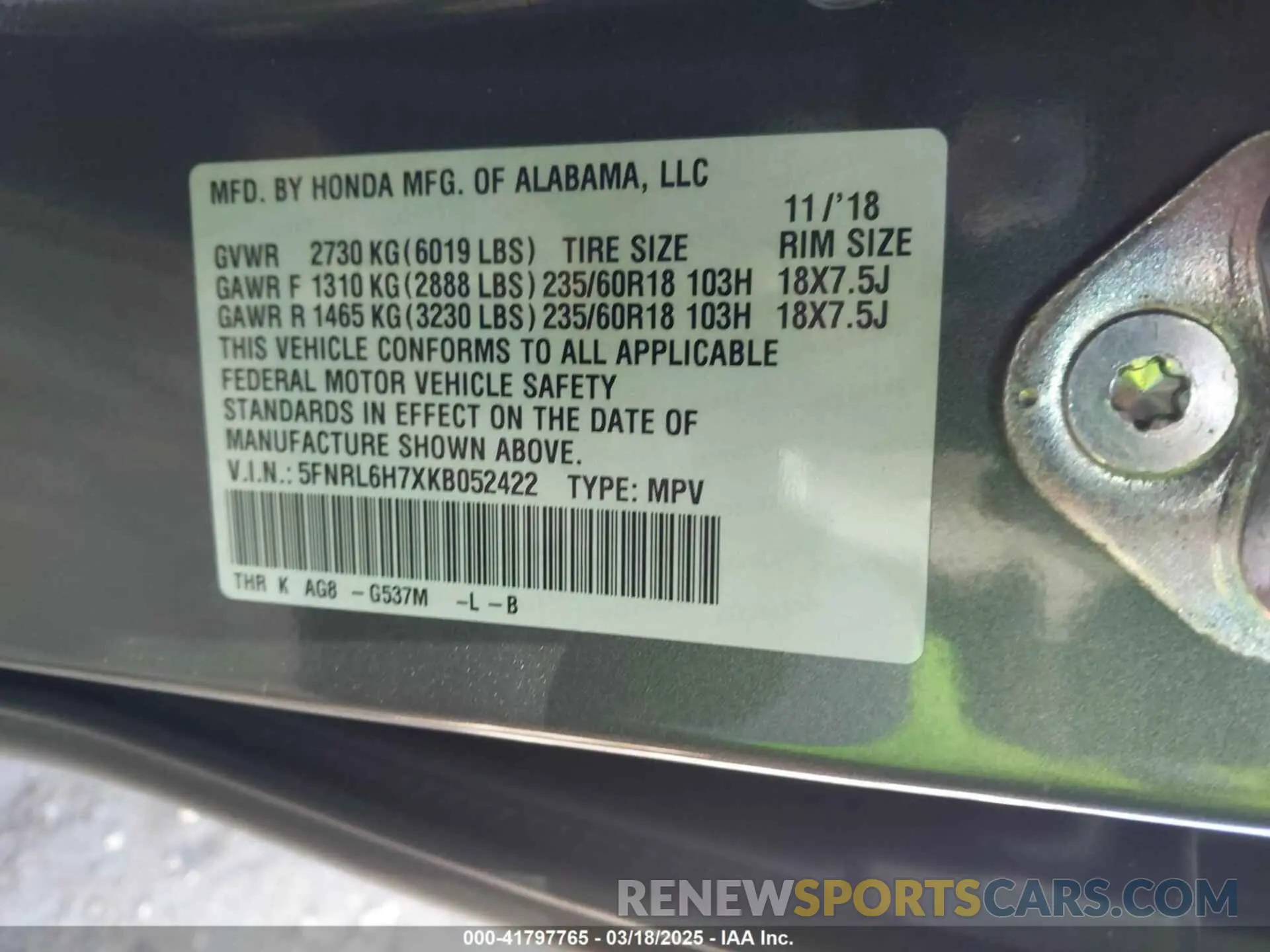 9 Photograph of a damaged car 5FNRL6H7XKB052422 HONDA ODYSSEY 2019