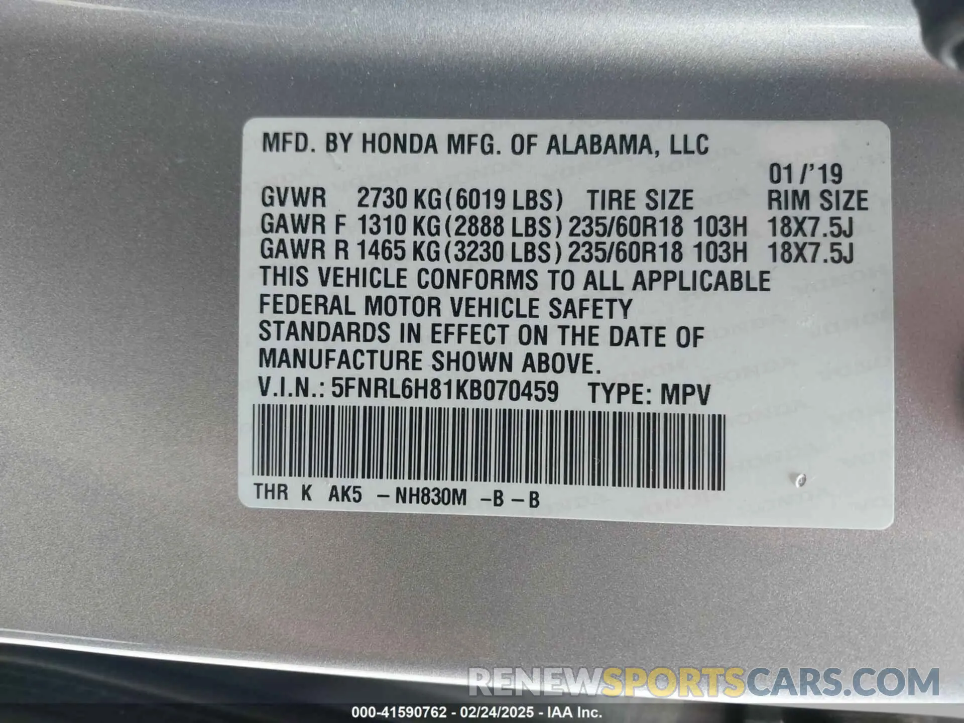 9 Photograph of a damaged car 5FNRL6H81KB070459 HONDA ODYSSEY 2019