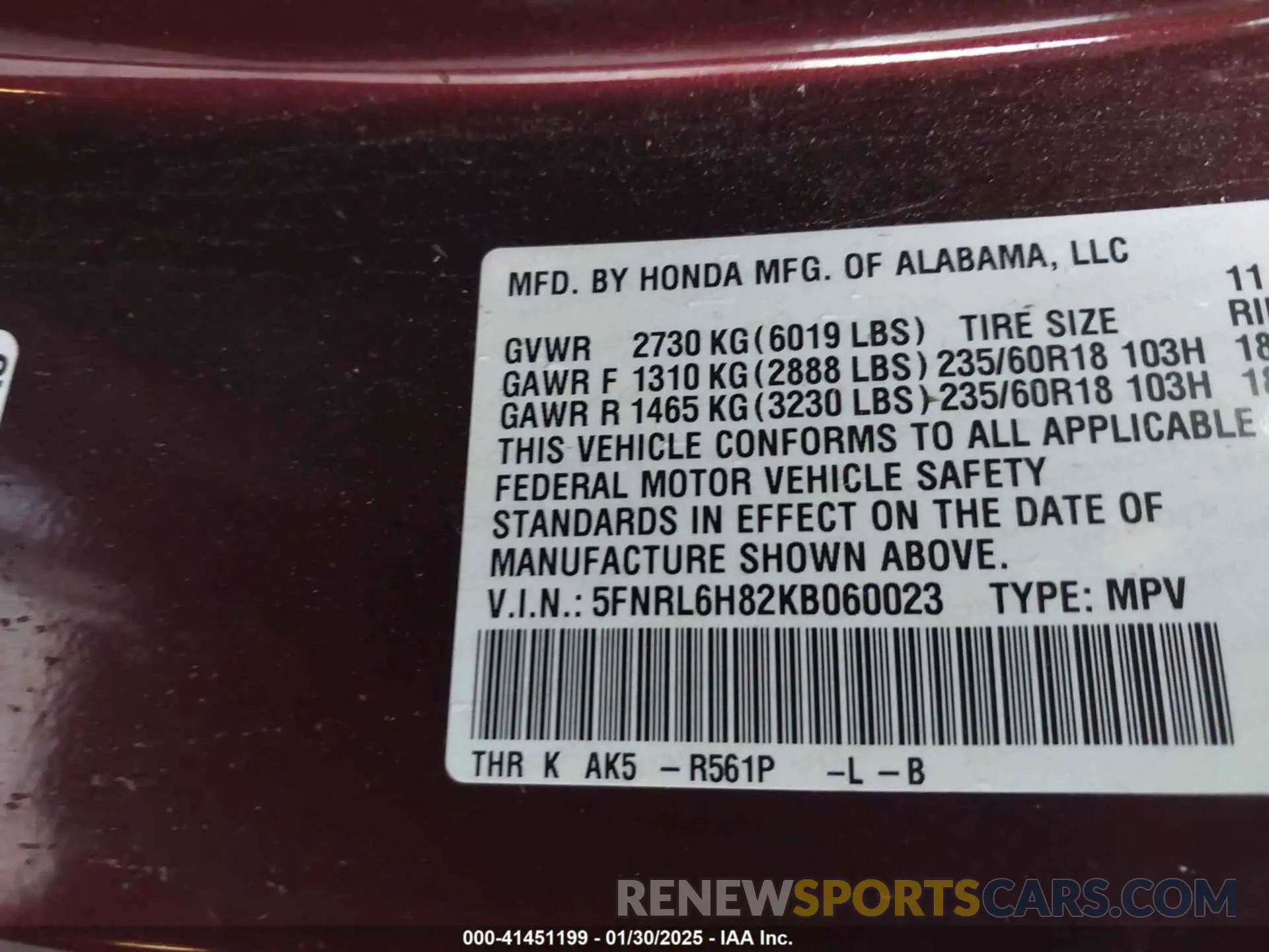 9 Photograph of a damaged car 5FNRL6H82KB060023 HONDA ODYSSEY 2019