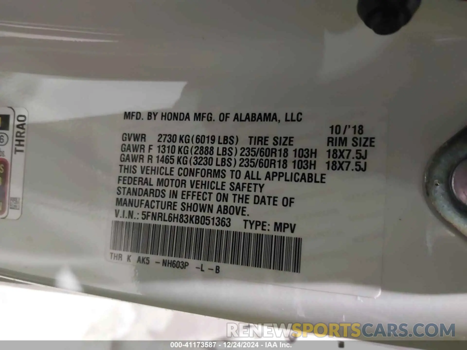 9 Photograph of a damaged car 5FNRL6H83KB051363 HONDA ODYSSEY 2019