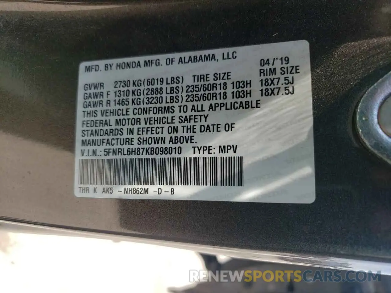 13 Photograph of a damaged car 5FNRL6H87KB098010 HONDA ODYSSEY 2019