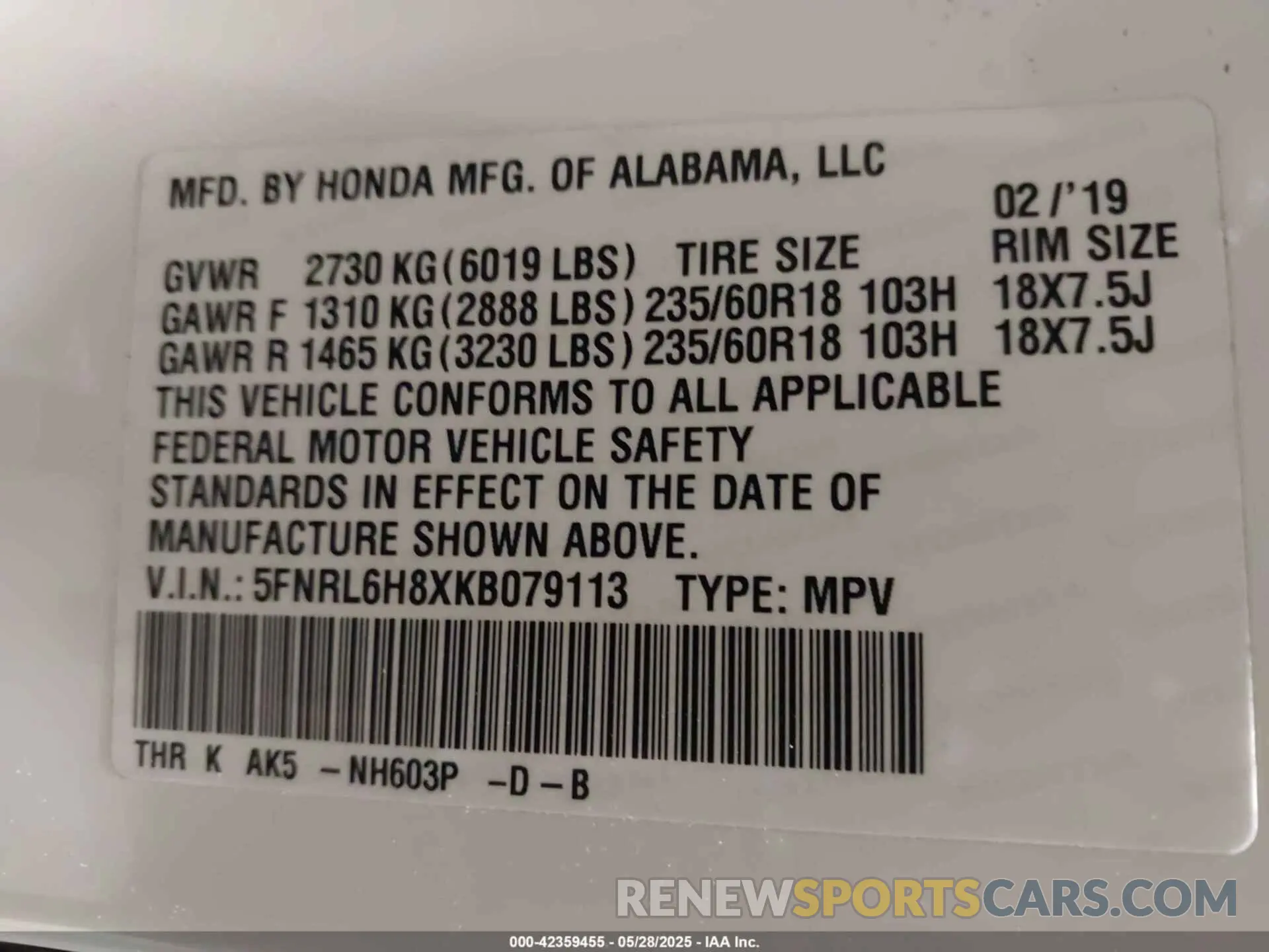 9 Photograph of a damaged car 5FNRL6H8XKB079113 HONDA ODYSSEY 2019