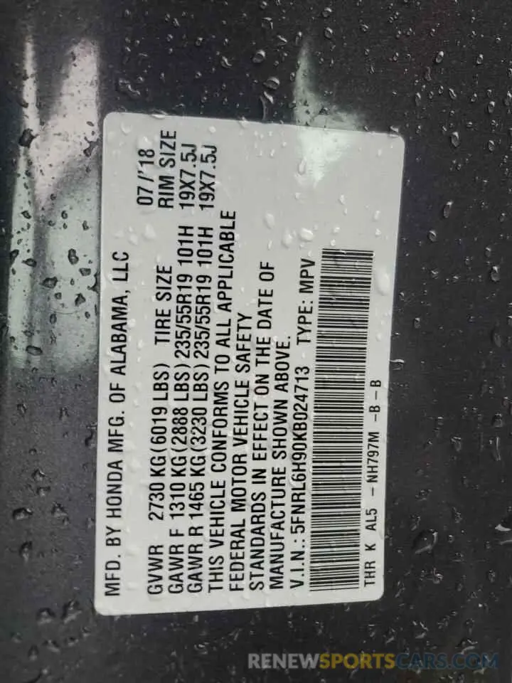 13 Photograph of a damaged car 5FNRL6H90KB024713 HONDA ODYSSEY 2019