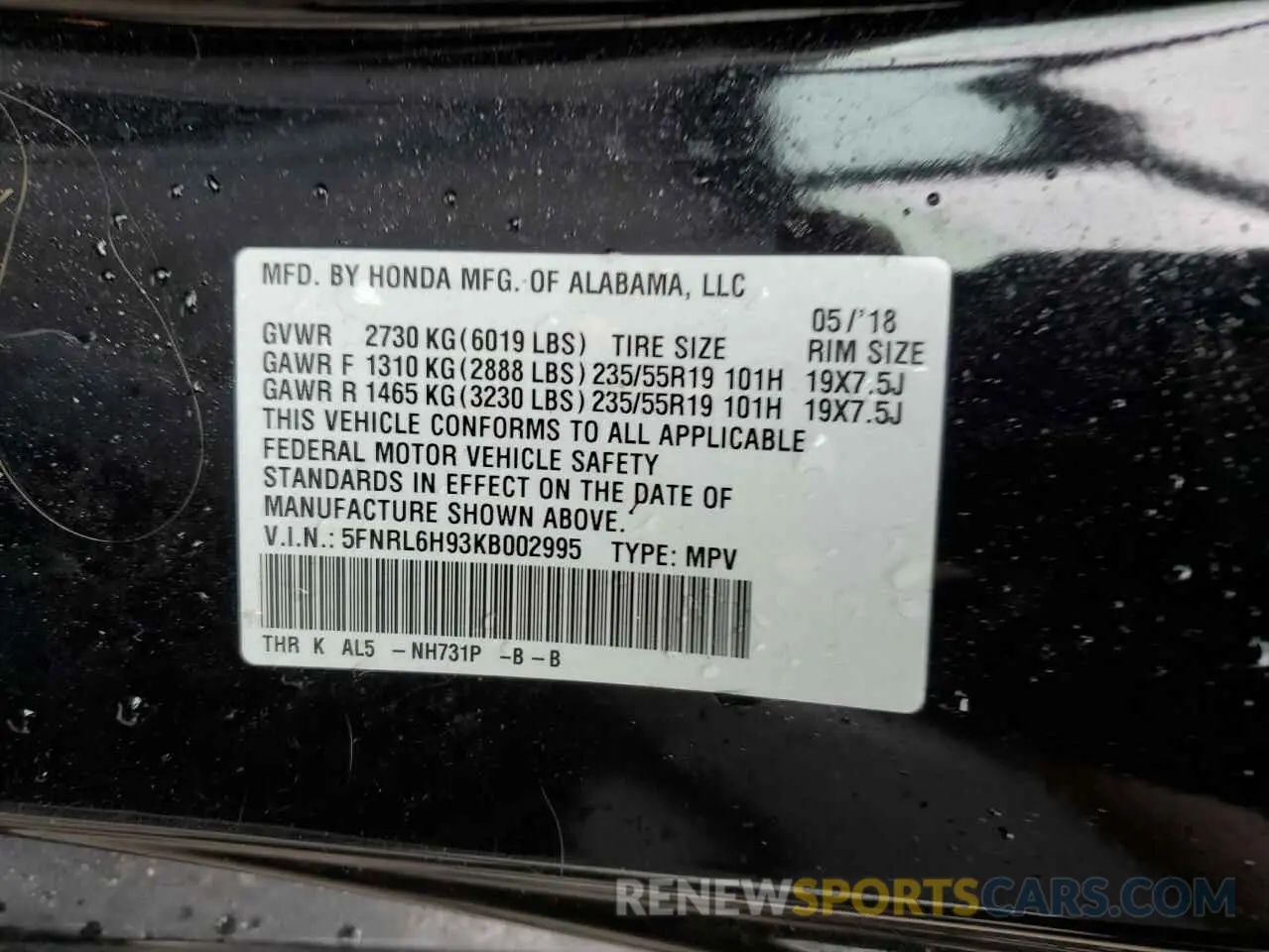 13 Photograph of a damaged car 5FNRL6H93KB002995 HONDA ODYSSEY 2019