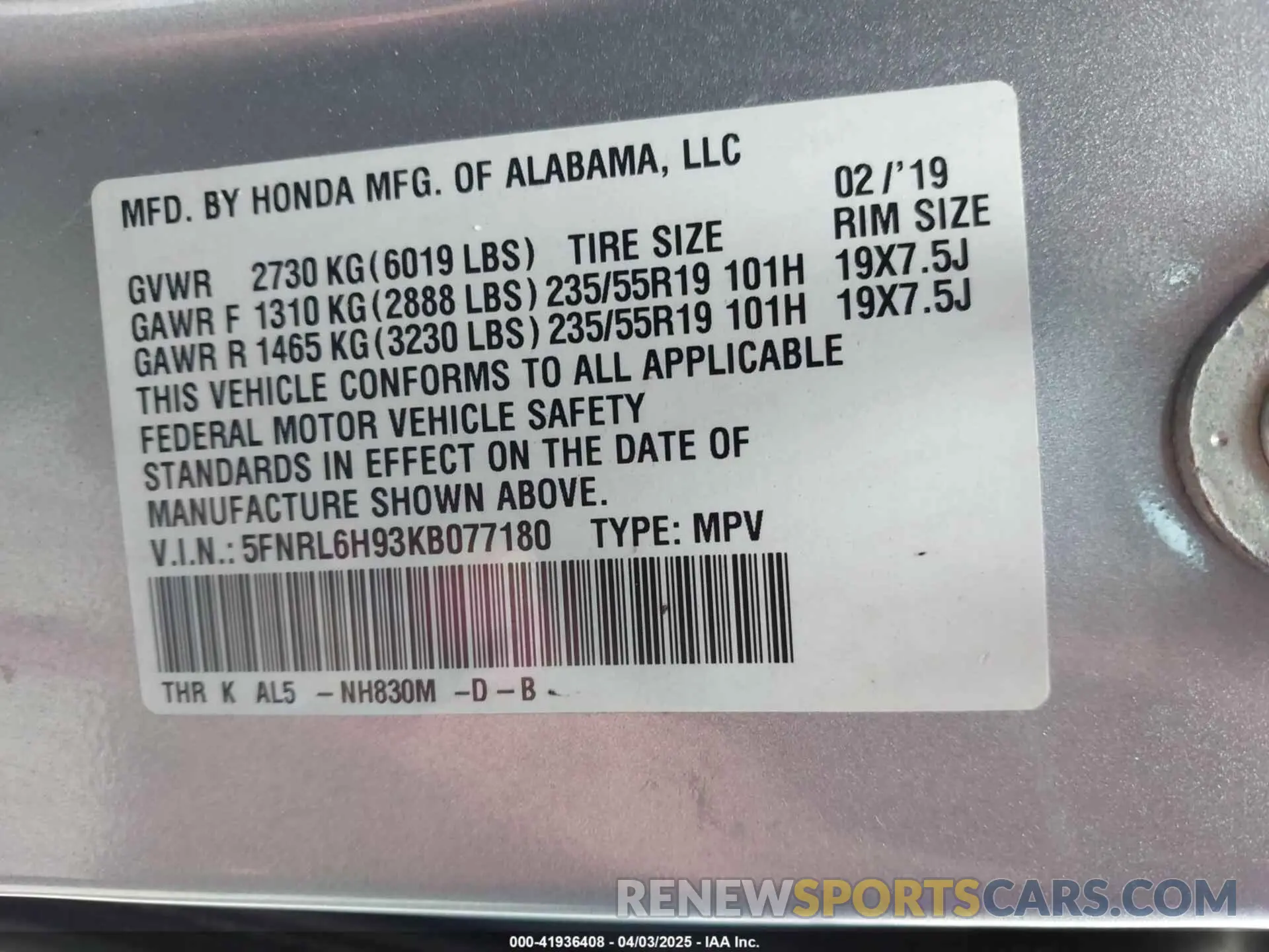 9 Photograph of a damaged car 5FNRL6H93KB077180 HONDA ODYSSEY 2019