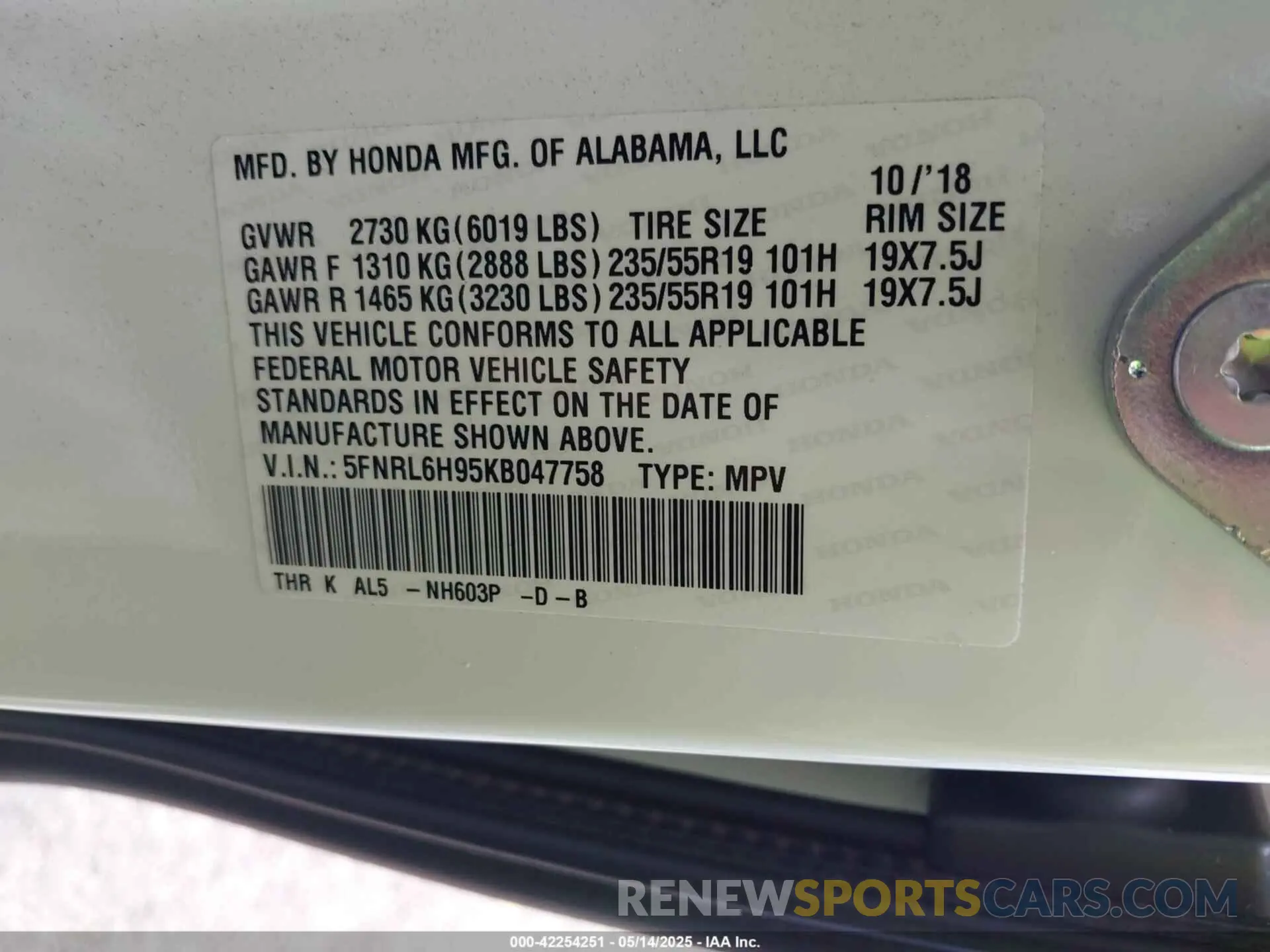 9 Photograph of a damaged car 5FNRL6H95KB047758 HONDA ODYSSEY 2019
