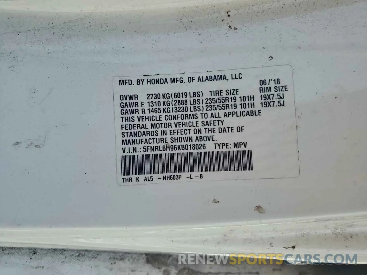 13 Photograph of a damaged car 5FNRL6H96KB018026 HONDA ODYSSEY 2019