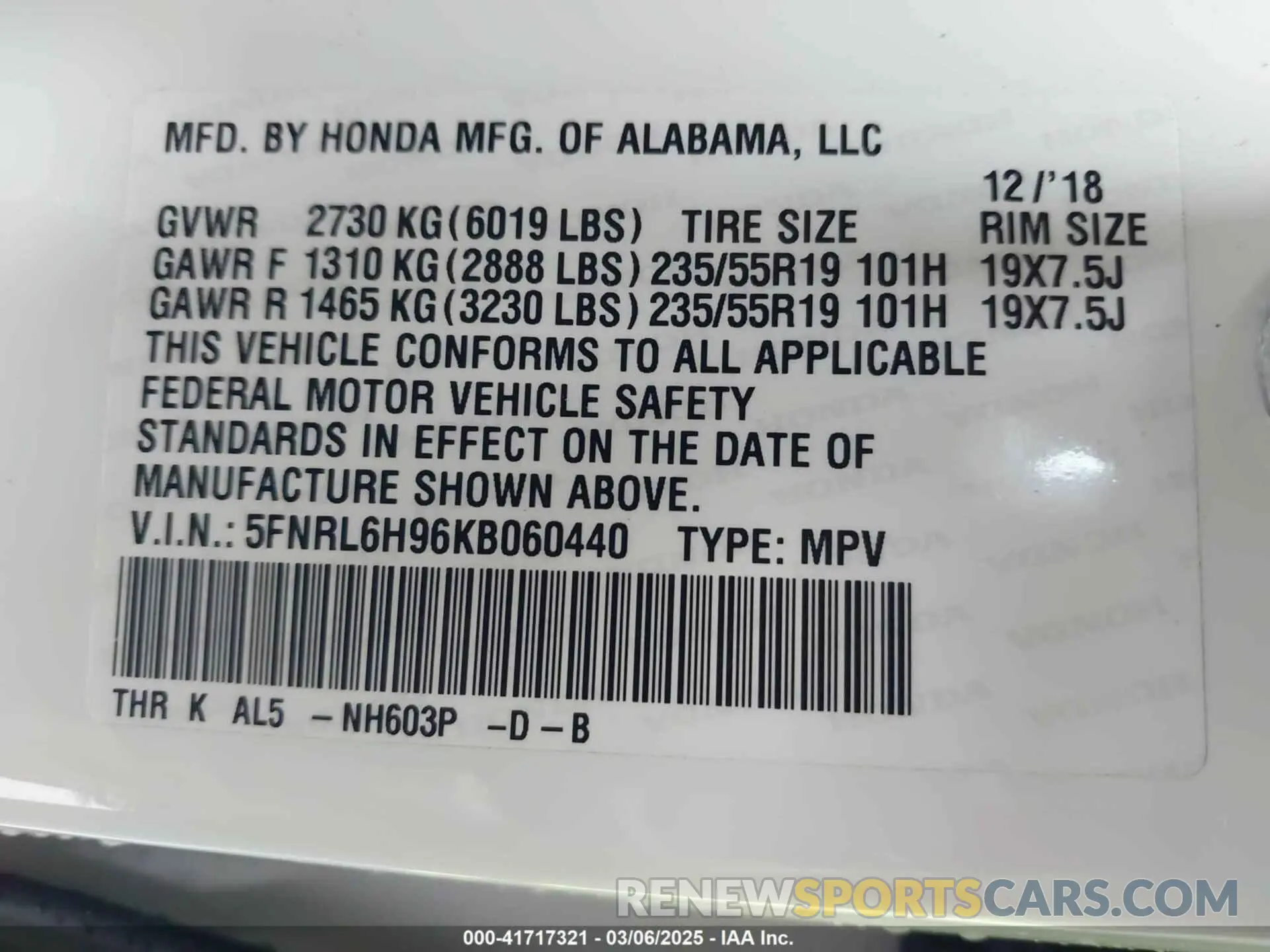 9 Photograph of a damaged car 5FNRL6H96KB060440 HONDA ODYSSEY 2019