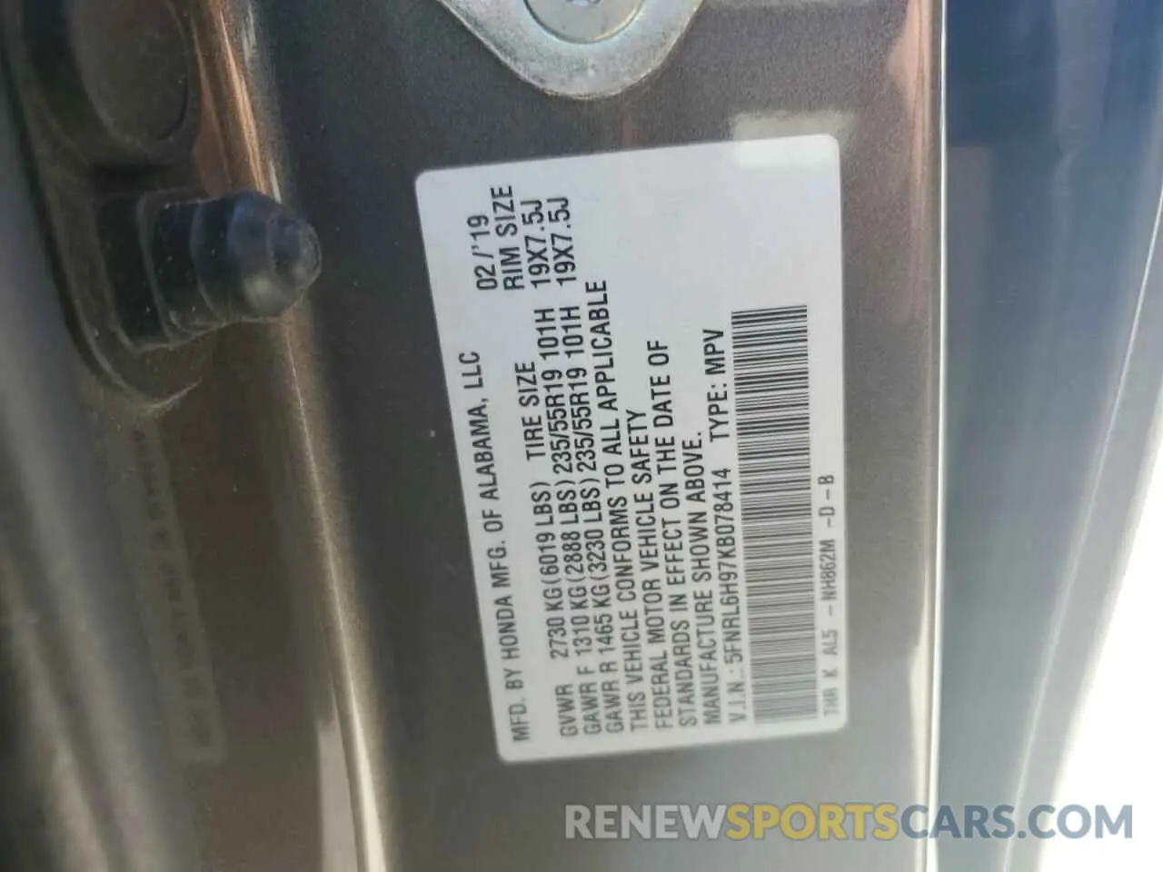 13 Photograph of a damaged car 5FNRL6H97KB078414 HONDA ODYSSEY 2019