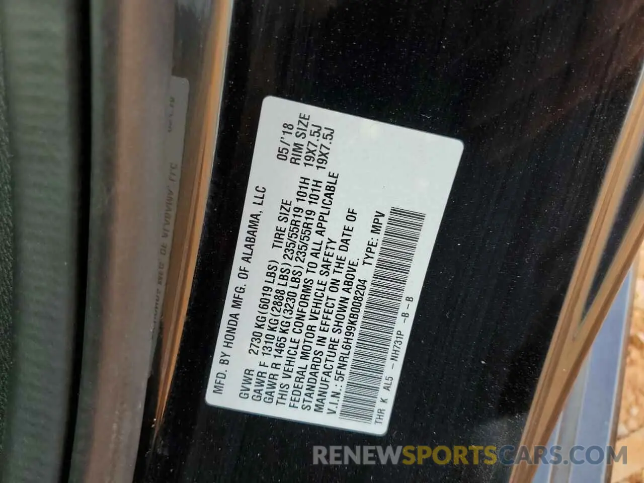 13 Photograph of a damaged car 5FNRL6H99KB008204 HONDA ODYSSEY 2019