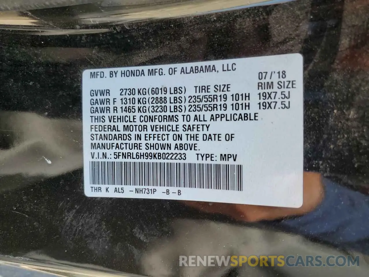 13 Photograph of a damaged car 5FNRL6H99KB022233 HONDA ODYSSEY 2019