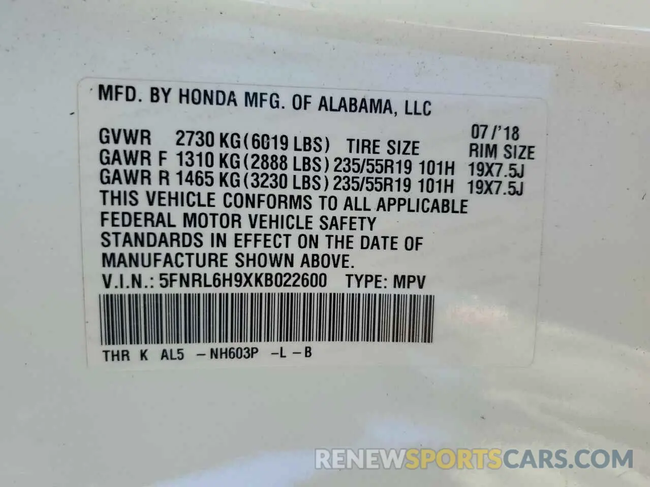 13 Photograph of a damaged car 5FNRL6H9XKB022600 HONDA ODYSSEY 2019