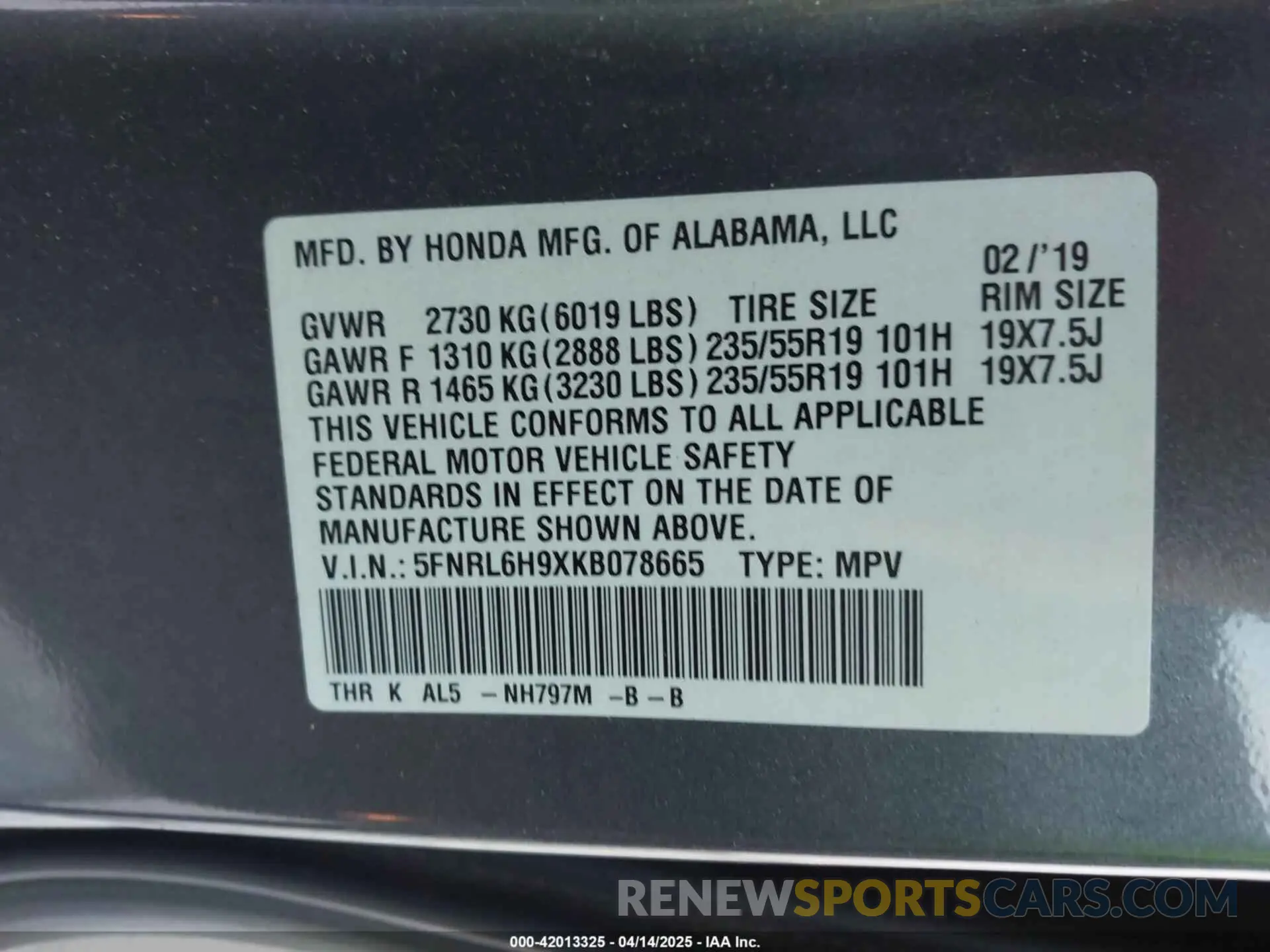 9 Photograph of a damaged car 5FNRL6H9XKB078665 HONDA ODYSSEY 2019