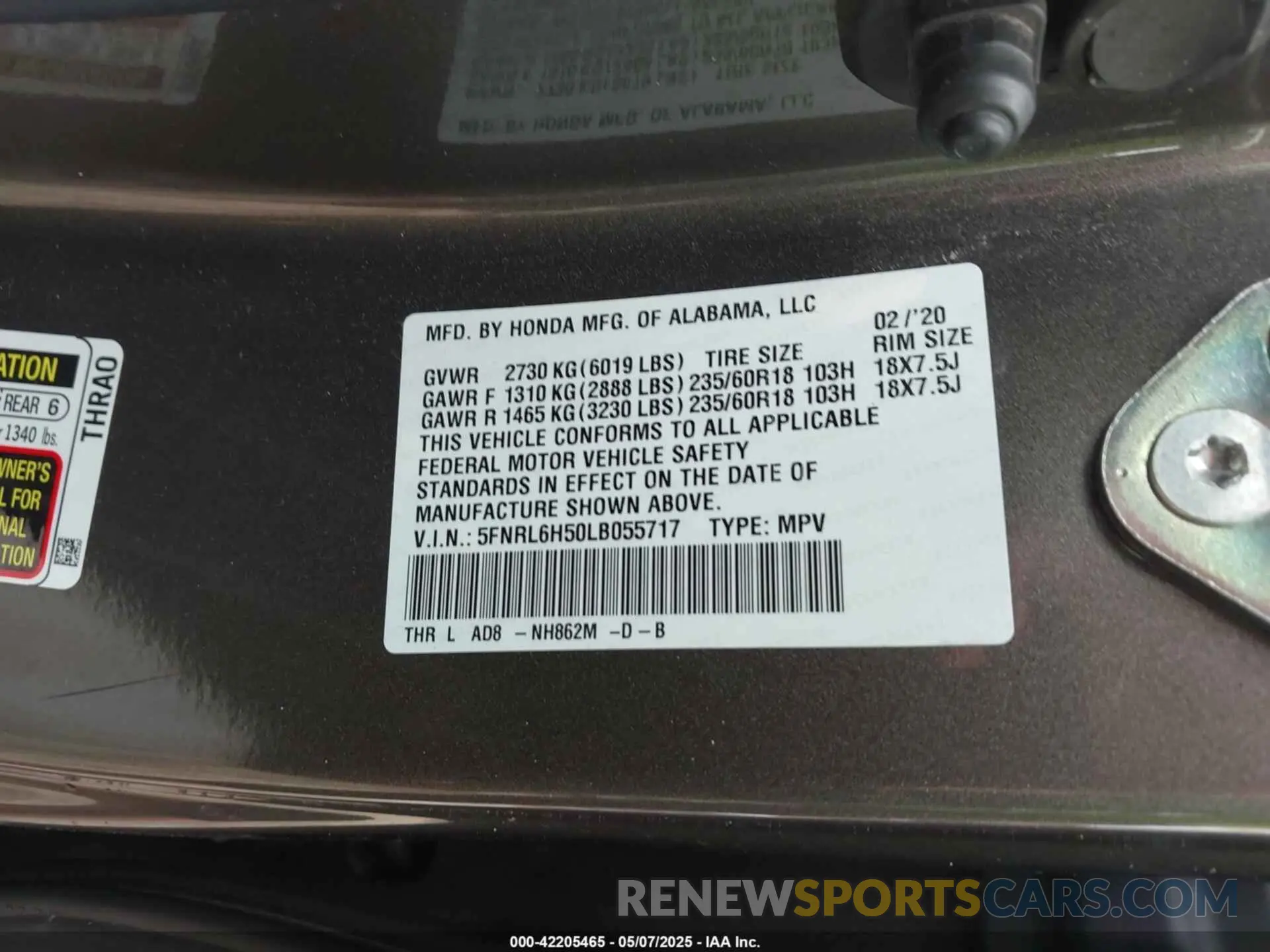 9 Photograph of a damaged car 5FNRL6H50LB055717 HONDA ODYSSEY 2020