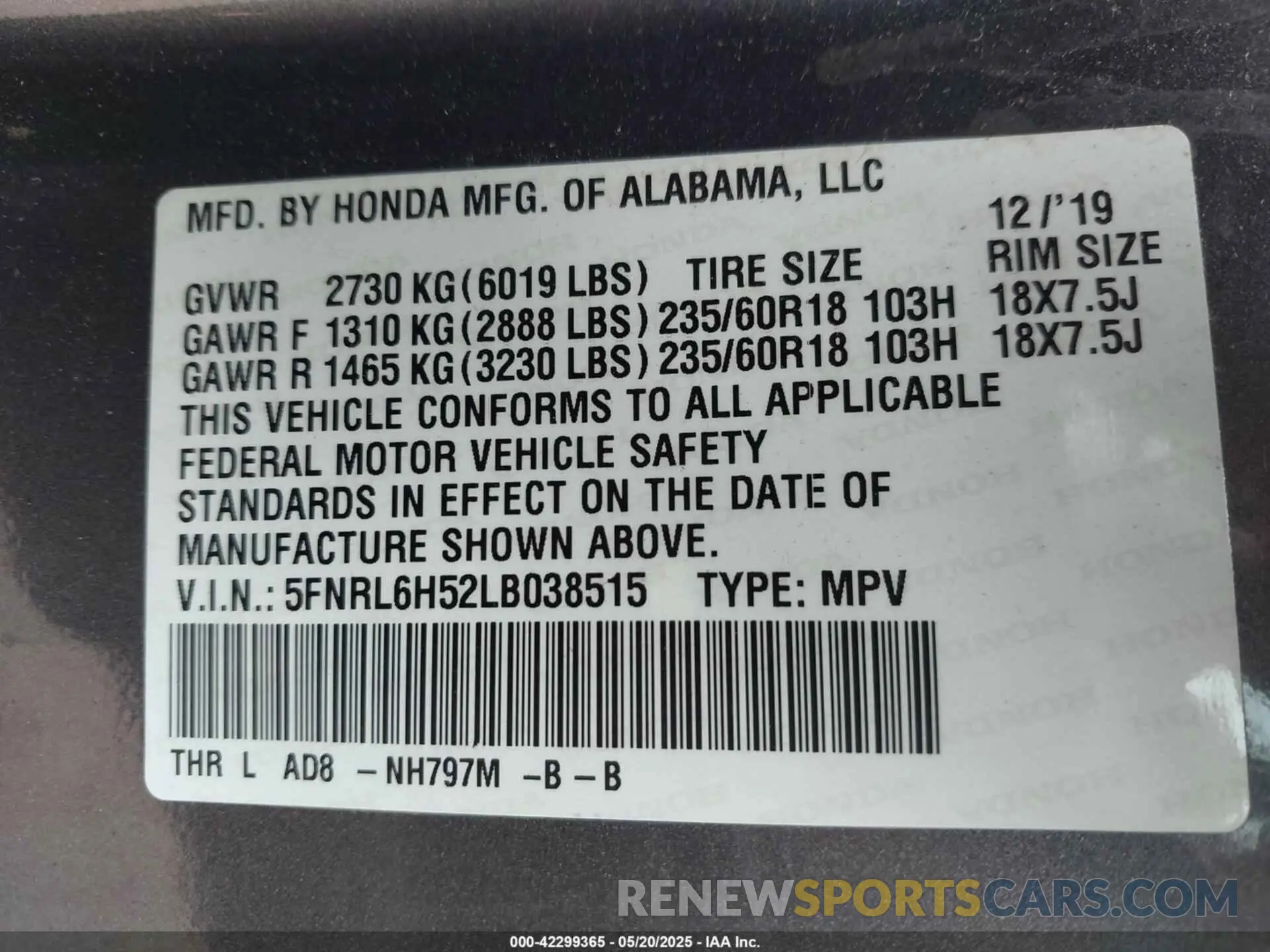 9 Photograph of a damaged car 5FNRL6H52LB038515 HONDA ODYSSEY 2020
