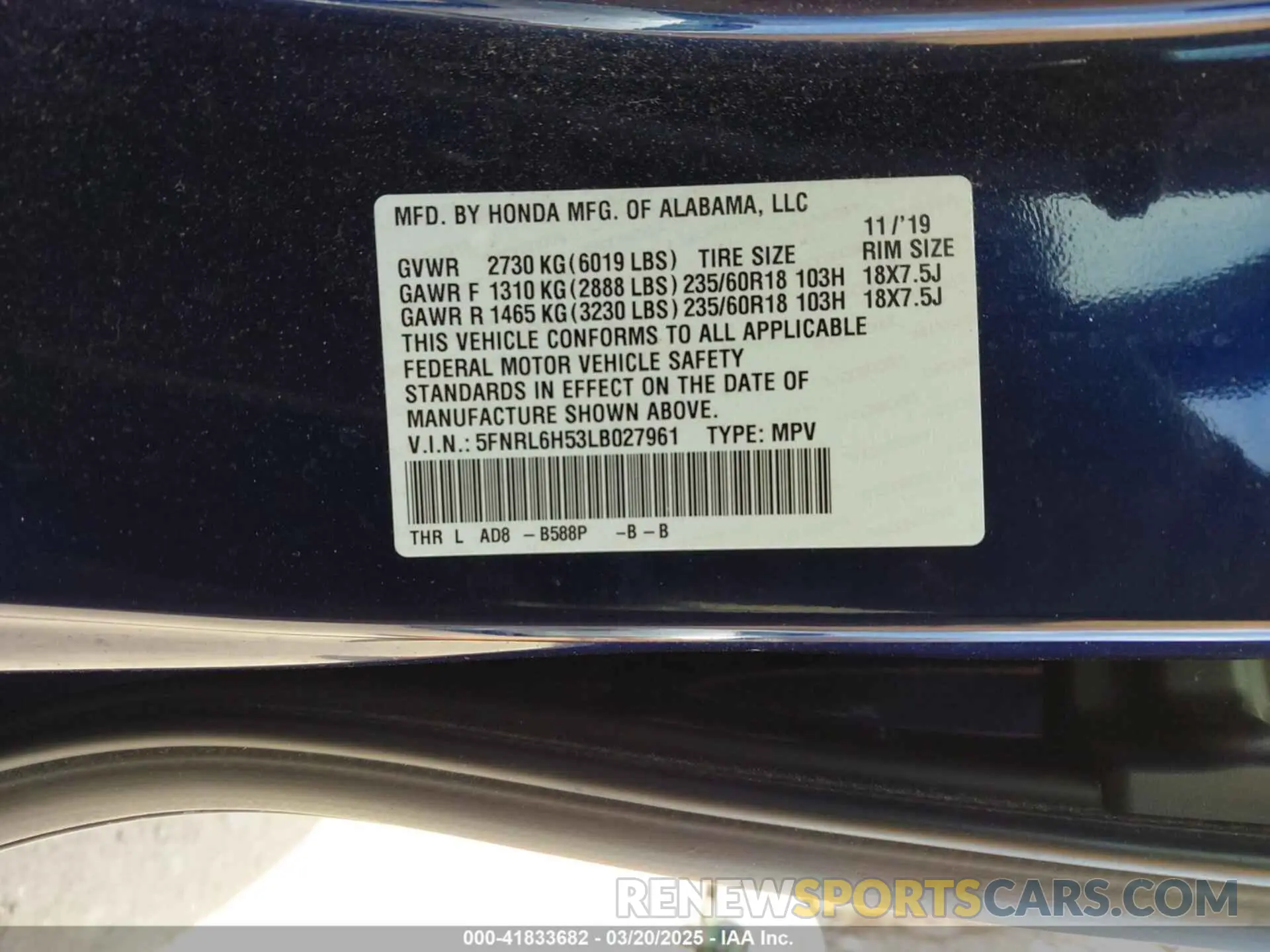 9 Photograph of a damaged car 5FNRL6H53LB027961 HONDA ODYSSEY 2020