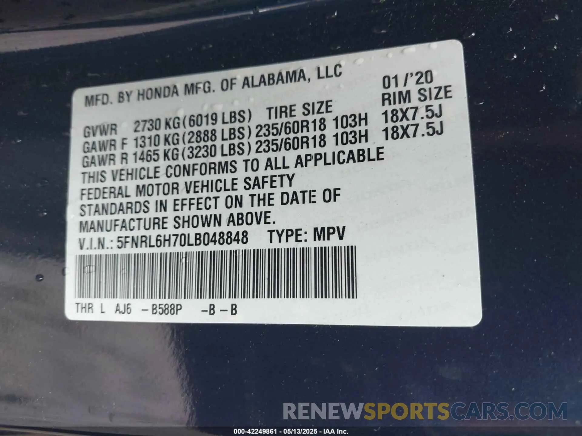 9 Photograph of a damaged car 5FNRL6H70LB048848 HONDA ODYSSEY 2020