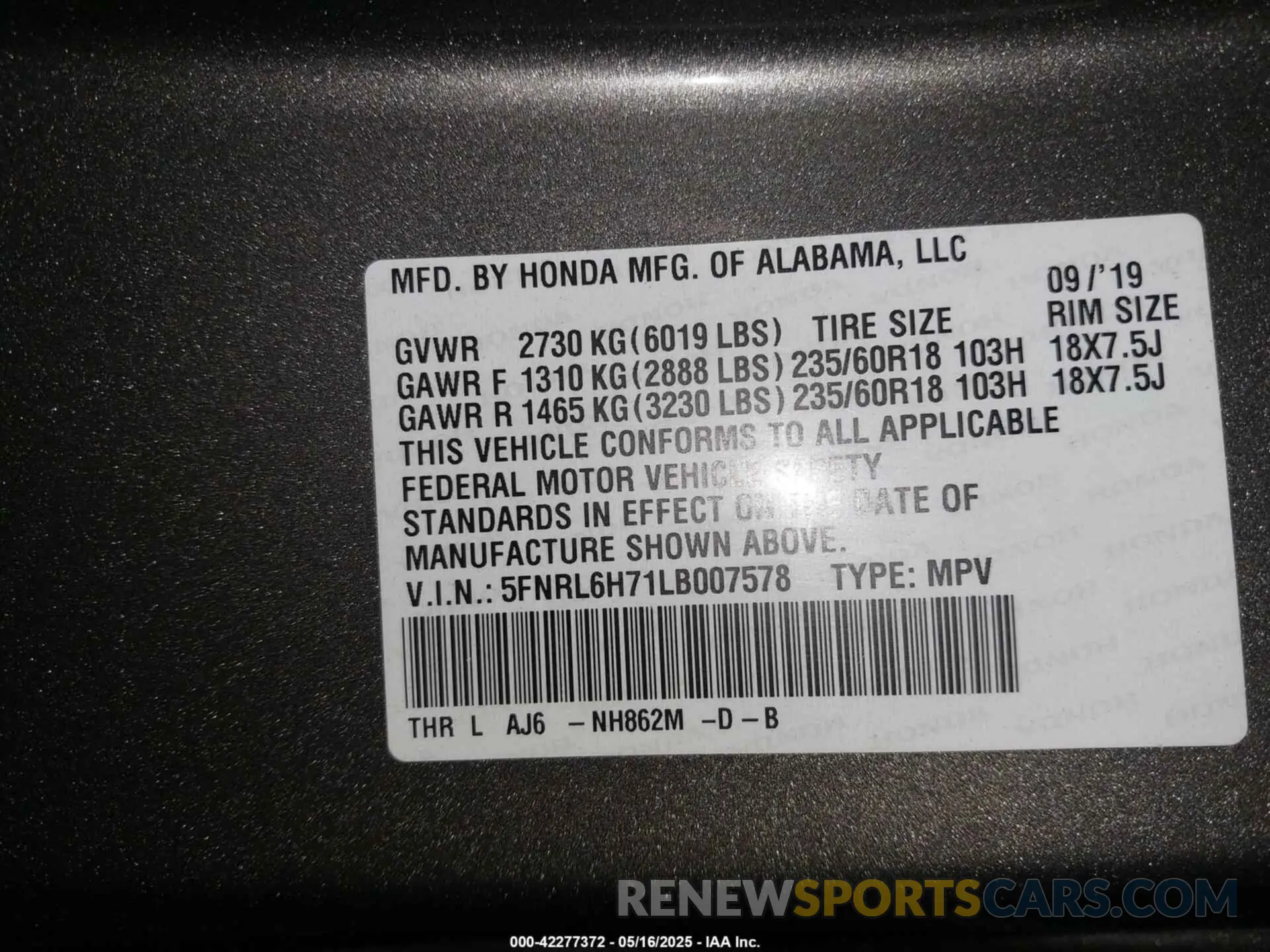 9 Photograph of a damaged car 5FNRL6H71LB007578 HONDA ODYSSEY 2020