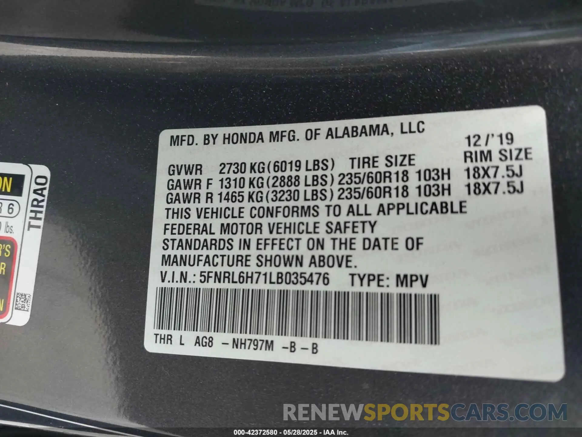 9 Photograph of a damaged car 5FNRL6H71LB035476 HONDA ODYSSEY 2020