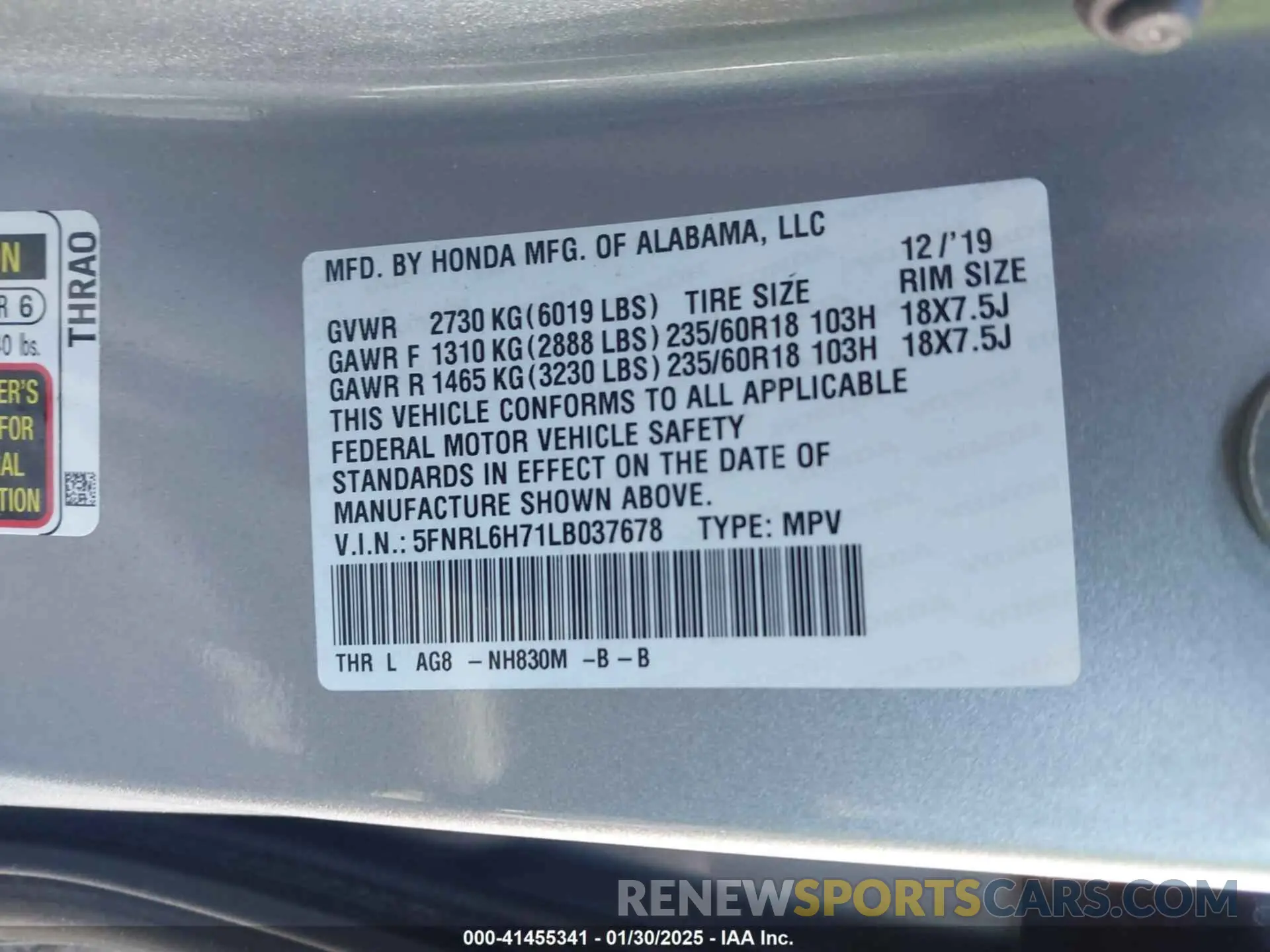 9 Photograph of a damaged car 5FNRL6H71LB037678 HONDA ODYSSEY 2020