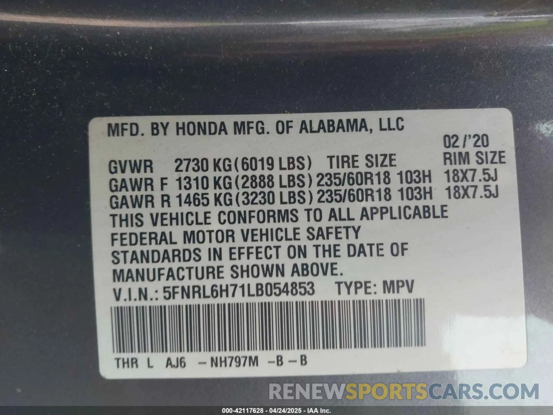 9 Photograph of a damaged car 5FNRL6H71LB054853 HONDA ODYSSEY 2020