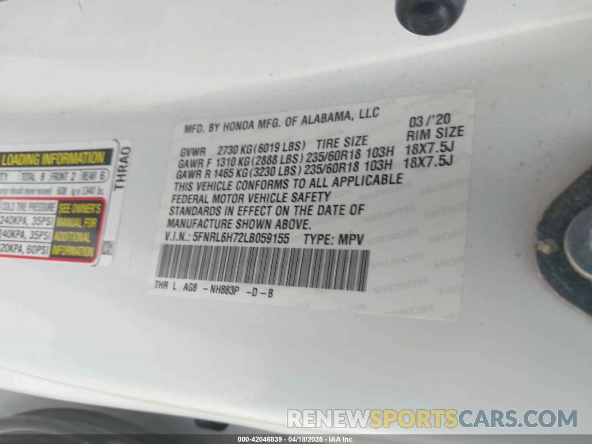 9 Photograph of a damaged car 5FNRL6H72LB059155 HONDA ODYSSEY 2020