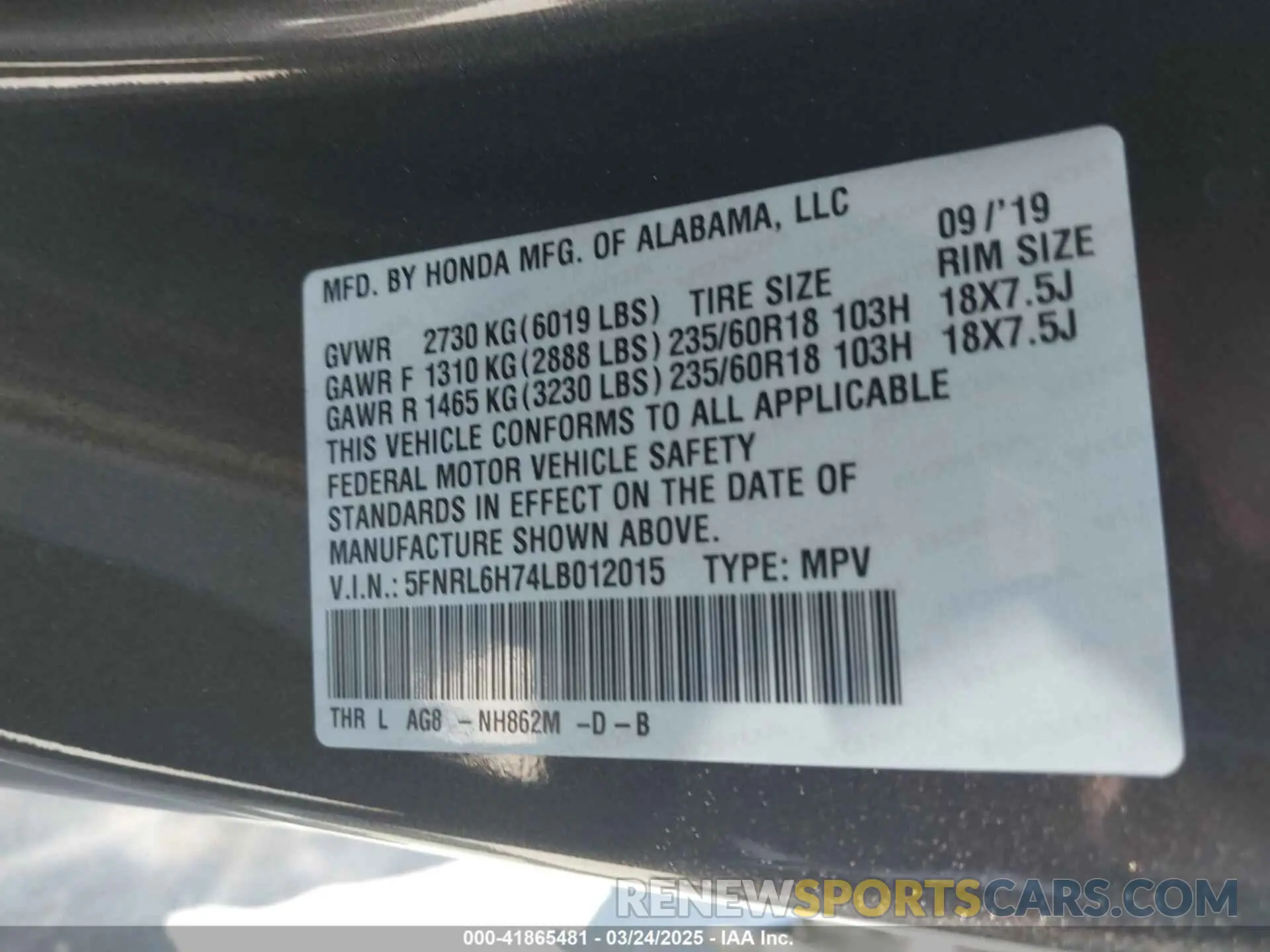 9 Photograph of a damaged car 5FNRL6H74LB012015 HONDA ODYSSEY 2020