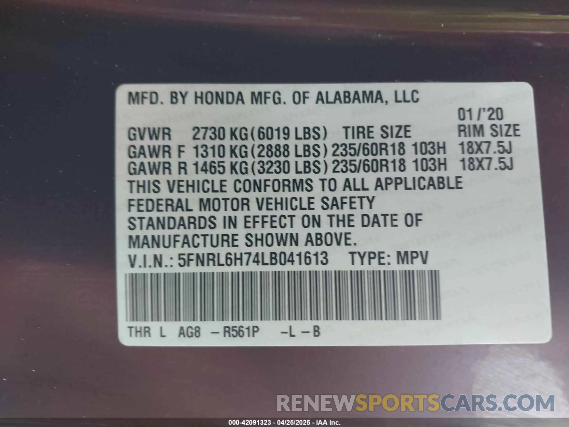 9 Photograph of a damaged car 5FNRL6H74LB041613 HONDA ODYSSEY 2020