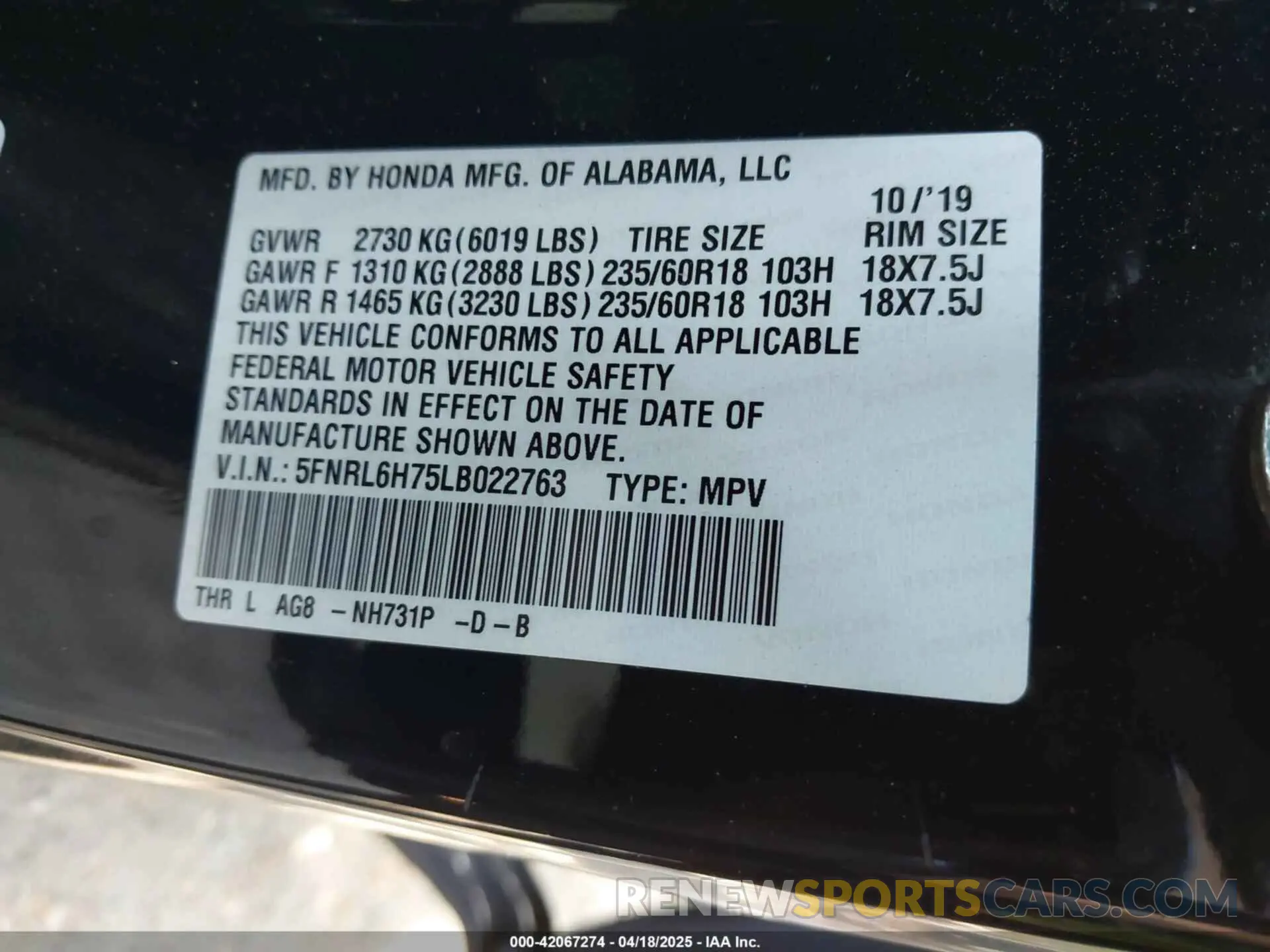 9 Photograph of a damaged car 5FNRL6H75LB022763 HONDA ODYSSEY 2020