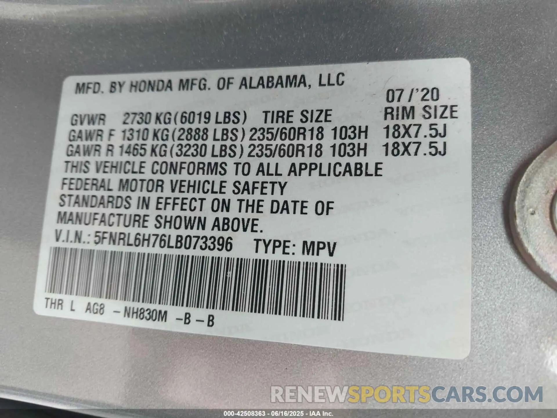9 Photograph of a damaged car 5FNRL6H76LB073396 HONDA ODYSSEY 2020