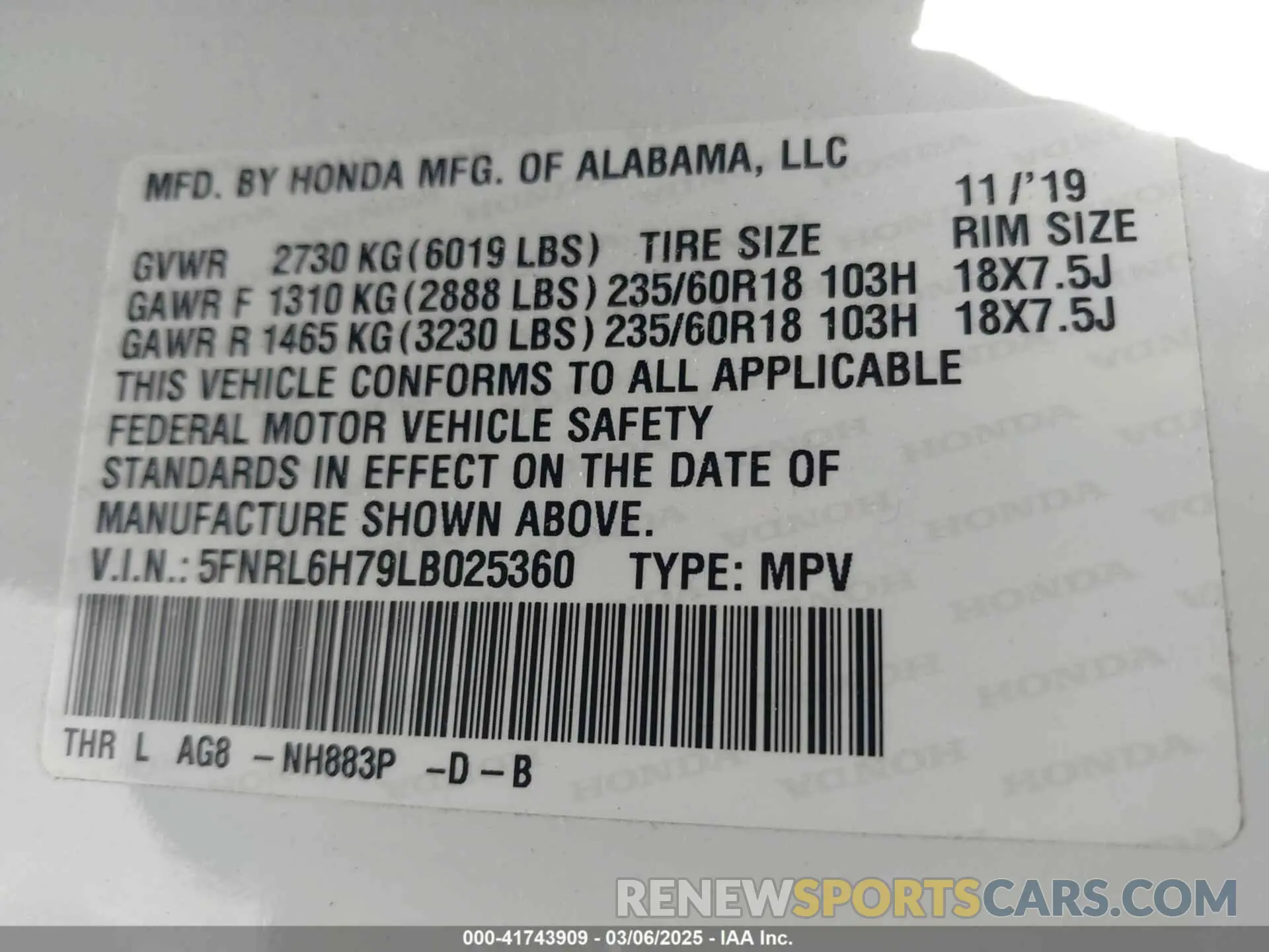 9 Photograph of a damaged car 5FNRL6H79LB025360 HONDA ODYSSEY 2020