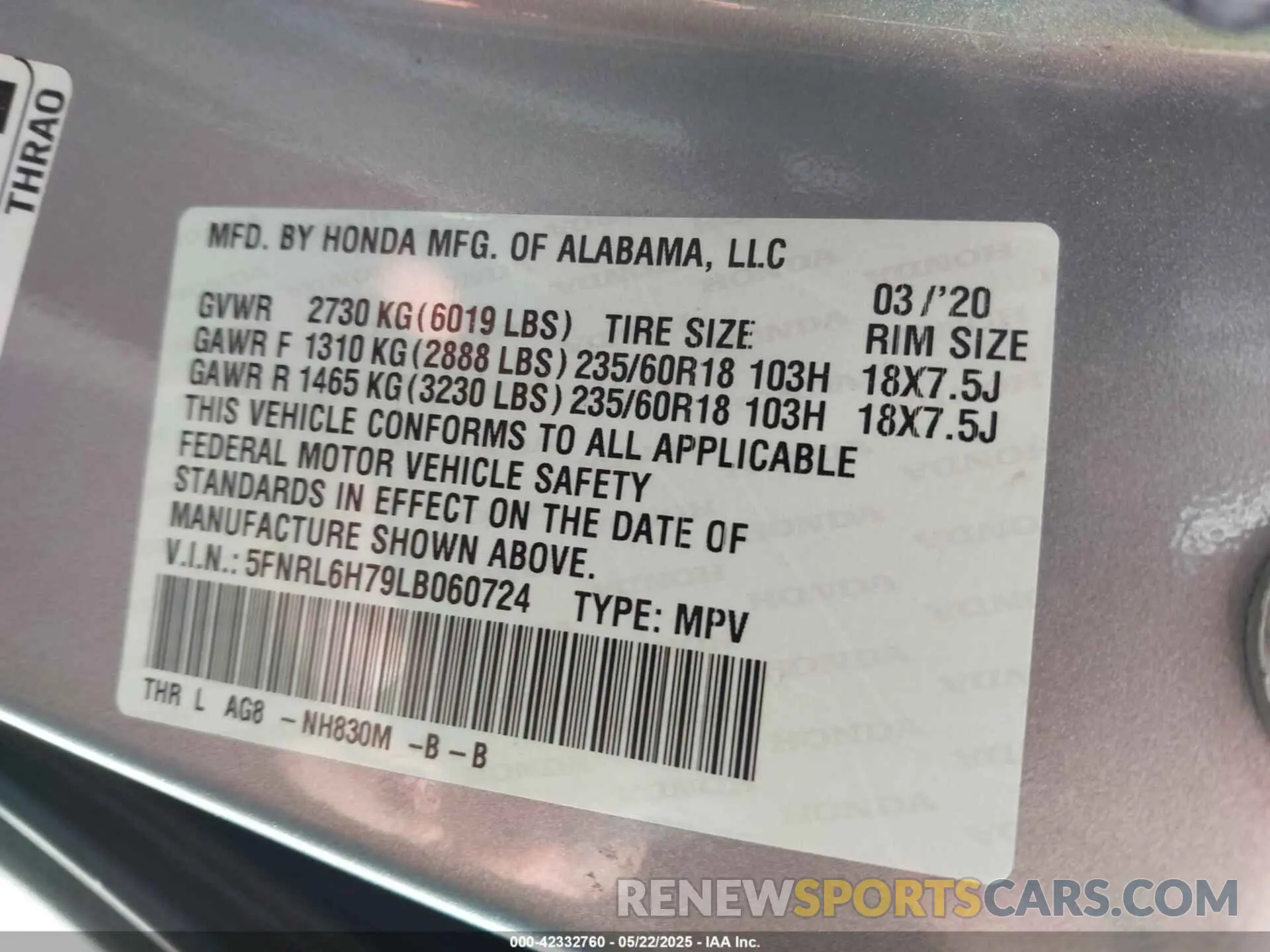 9 Photograph of a damaged car 5FNRL6H79LB060724 HONDA ODYSSEY 2020