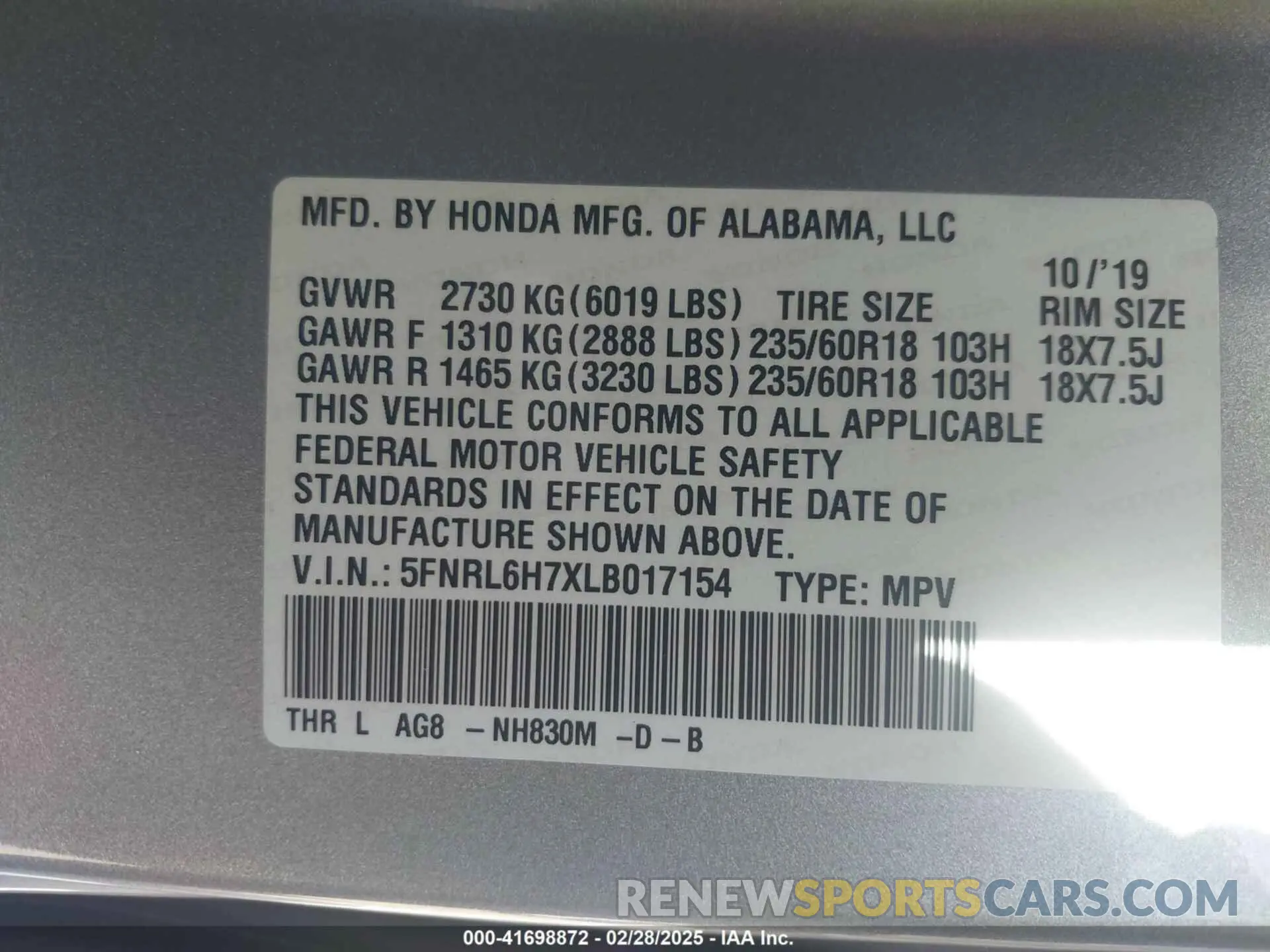 9 Photograph of a damaged car 5FNRL6H7XLB017154 HONDA ODYSSEY 2020