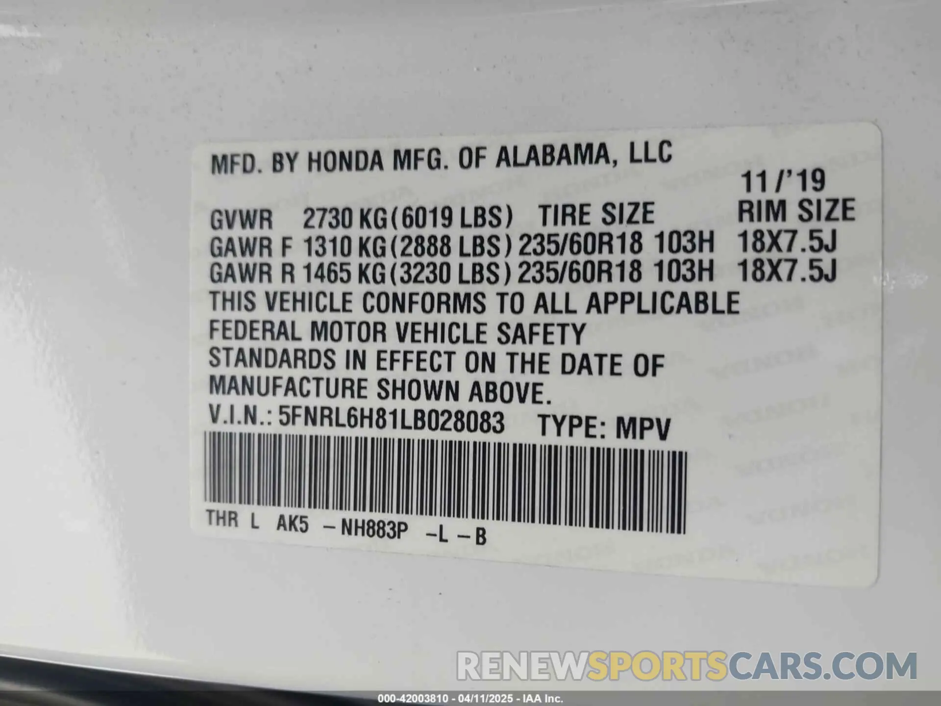 9 Photograph of a damaged car 5FNRL6H81LB028083 HONDA ODYSSEY 2020