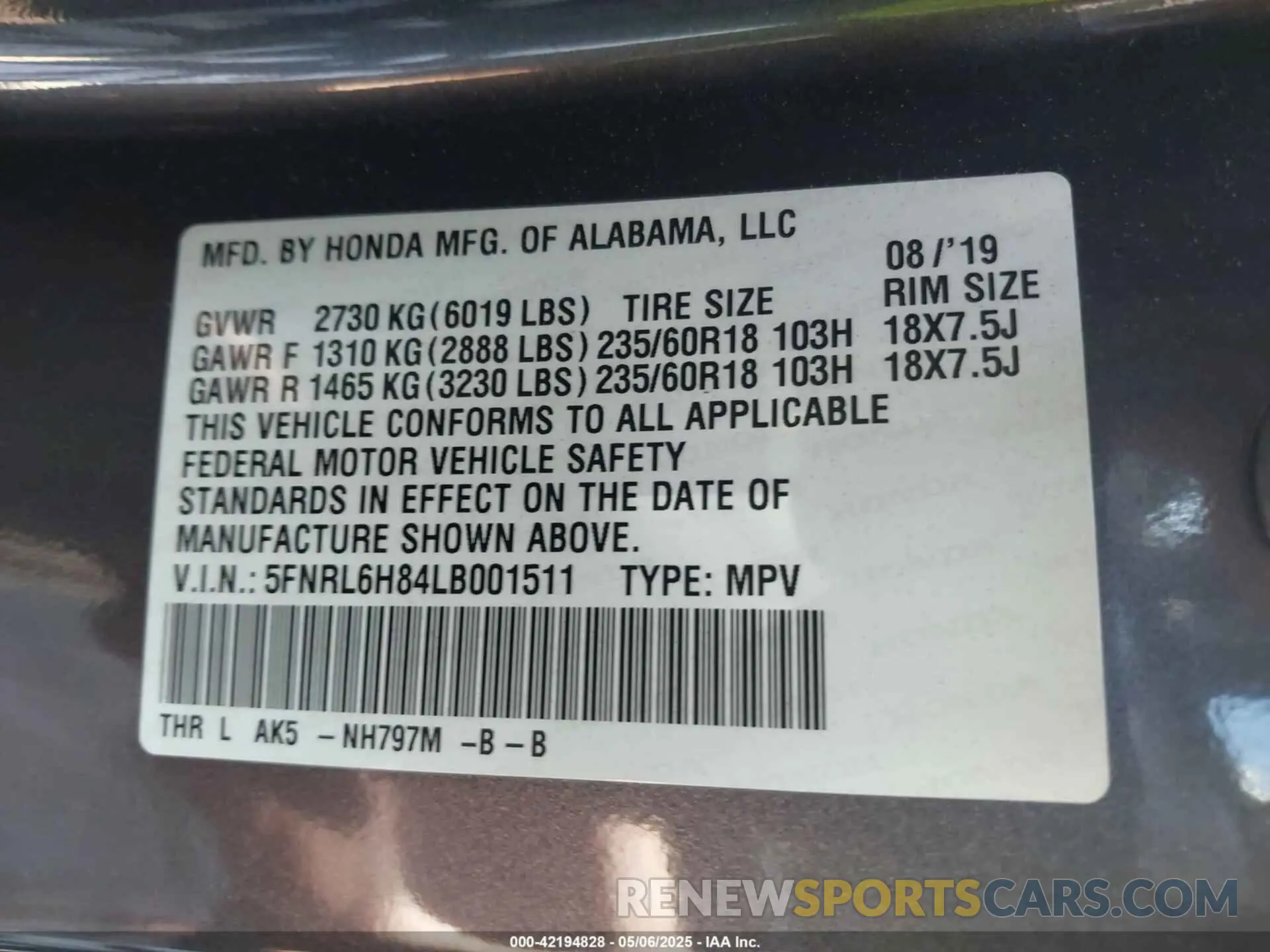 9 Photograph of a damaged car 5FNRL6H84LB001511 HONDA ODYSSEY 2020