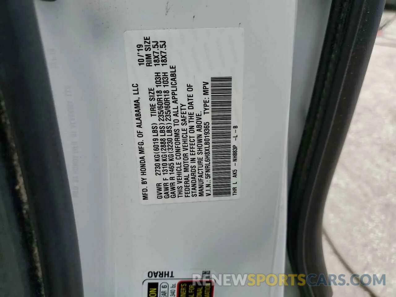 13 Photograph of a damaged car 5FNRL6H8XLB019365 HONDA ODYSSEY 2020