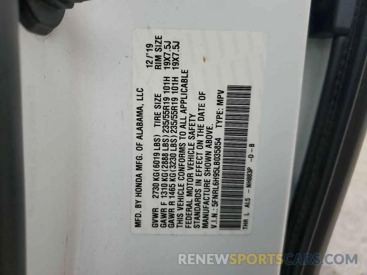 15 Photograph of a damaged car 5FNRL6H95LB035854 HONDA ODYSSEY 2020